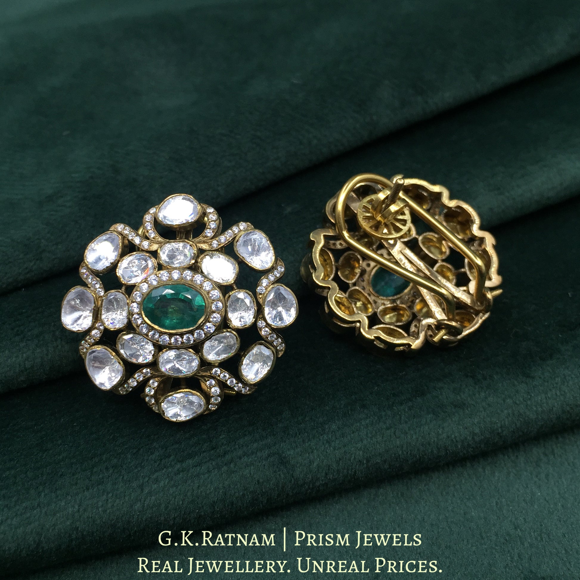 925 Silver Moissanite Polki Karnfool Earrings With Lab grown Emerald - G. K. Ratnam