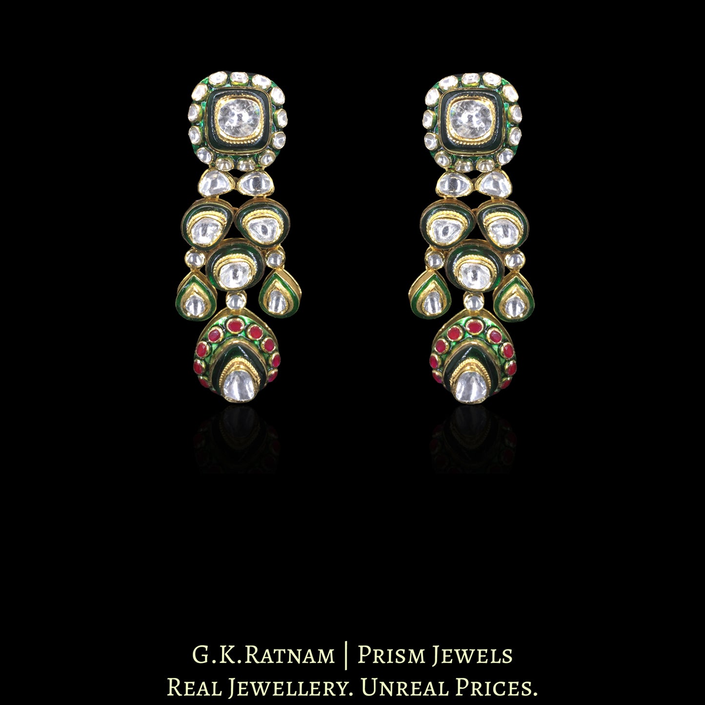 18K Gold And Diamond Polki Big 3 Line Necklace Set With Green Chudi - G. K. Ratnam