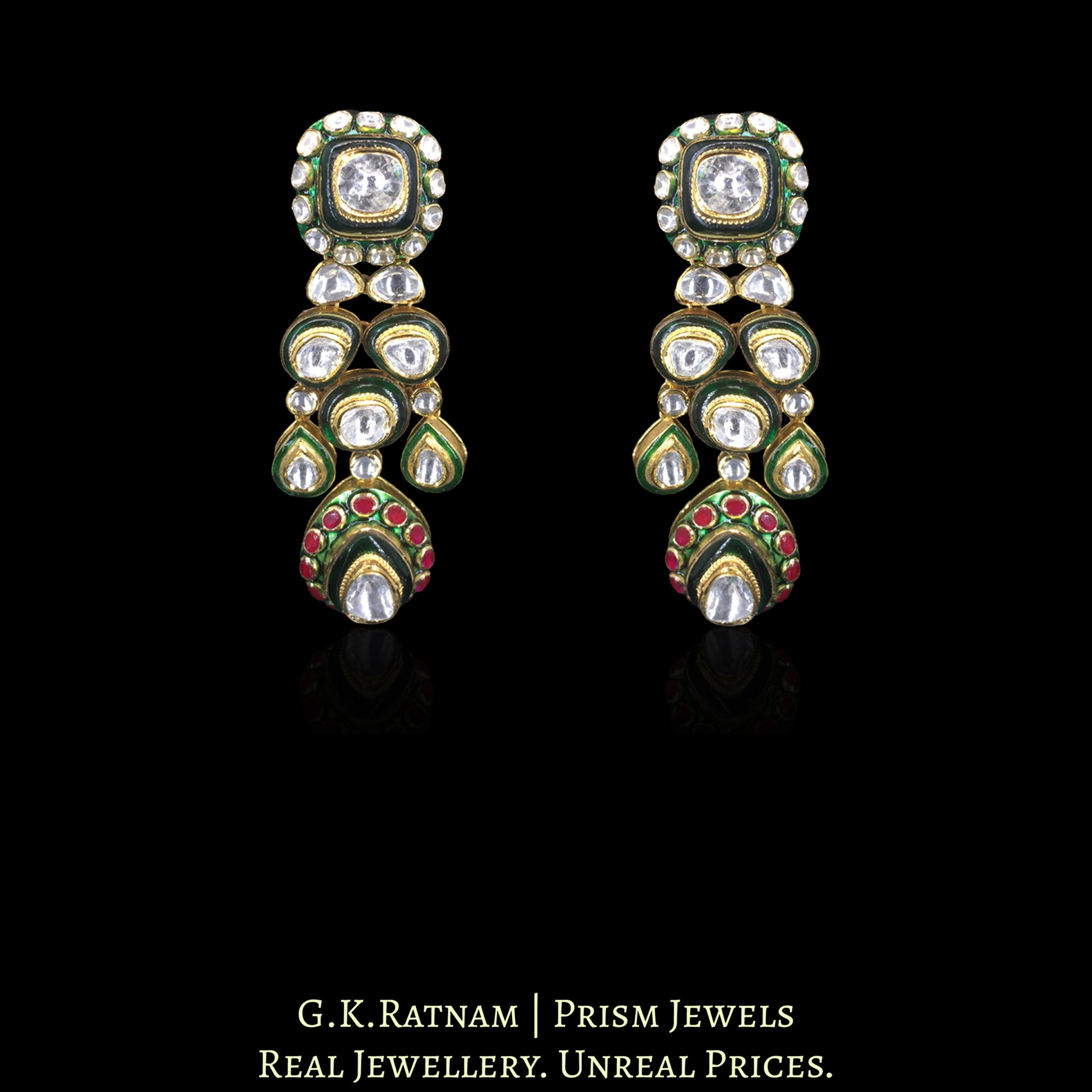 18K Gold And Diamond Polki Big 3 Line Necklace Set With Green Chudi - G. K. Ratnam