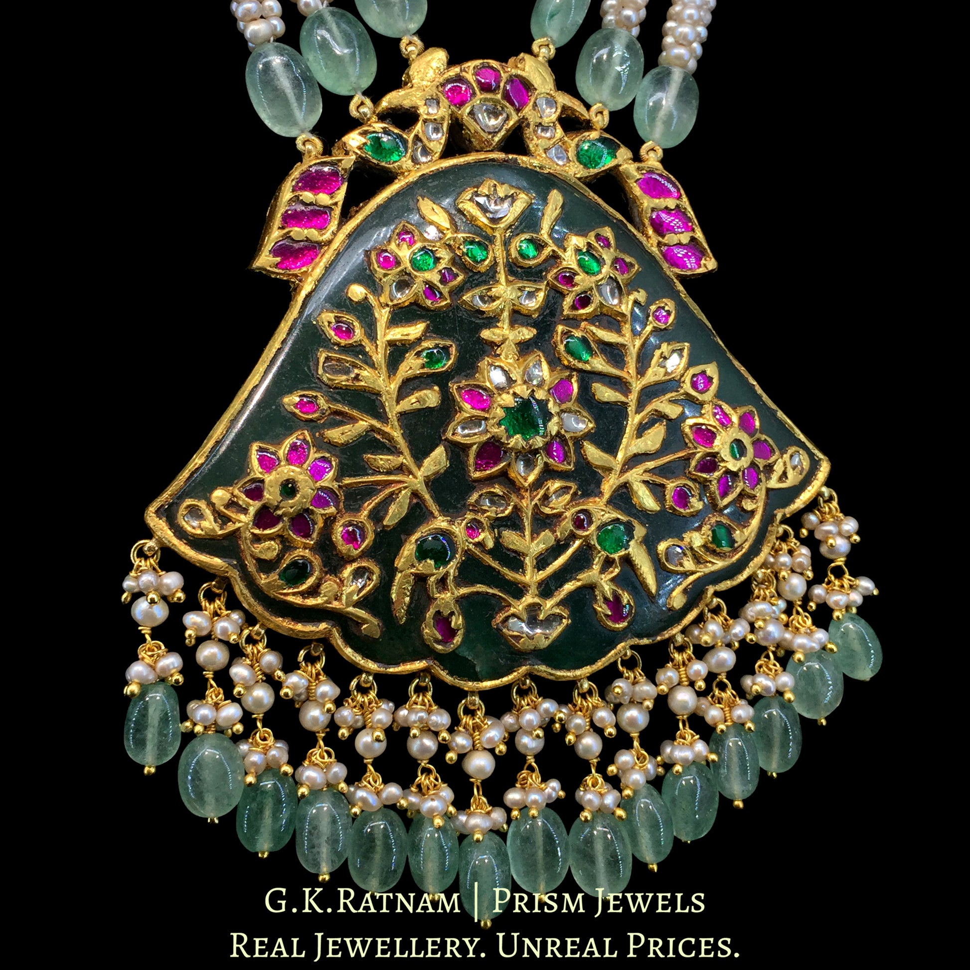 23K Gold And Diamond Polki Pendant With Antique Pearls And Strawberry Quartz - G. K. Ratnam