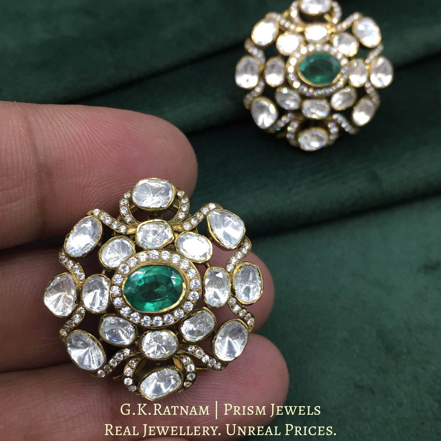 925 Silver Moissanite Polki Karnfool Earrings With Lab grown Emerald - G. K. Ratnam