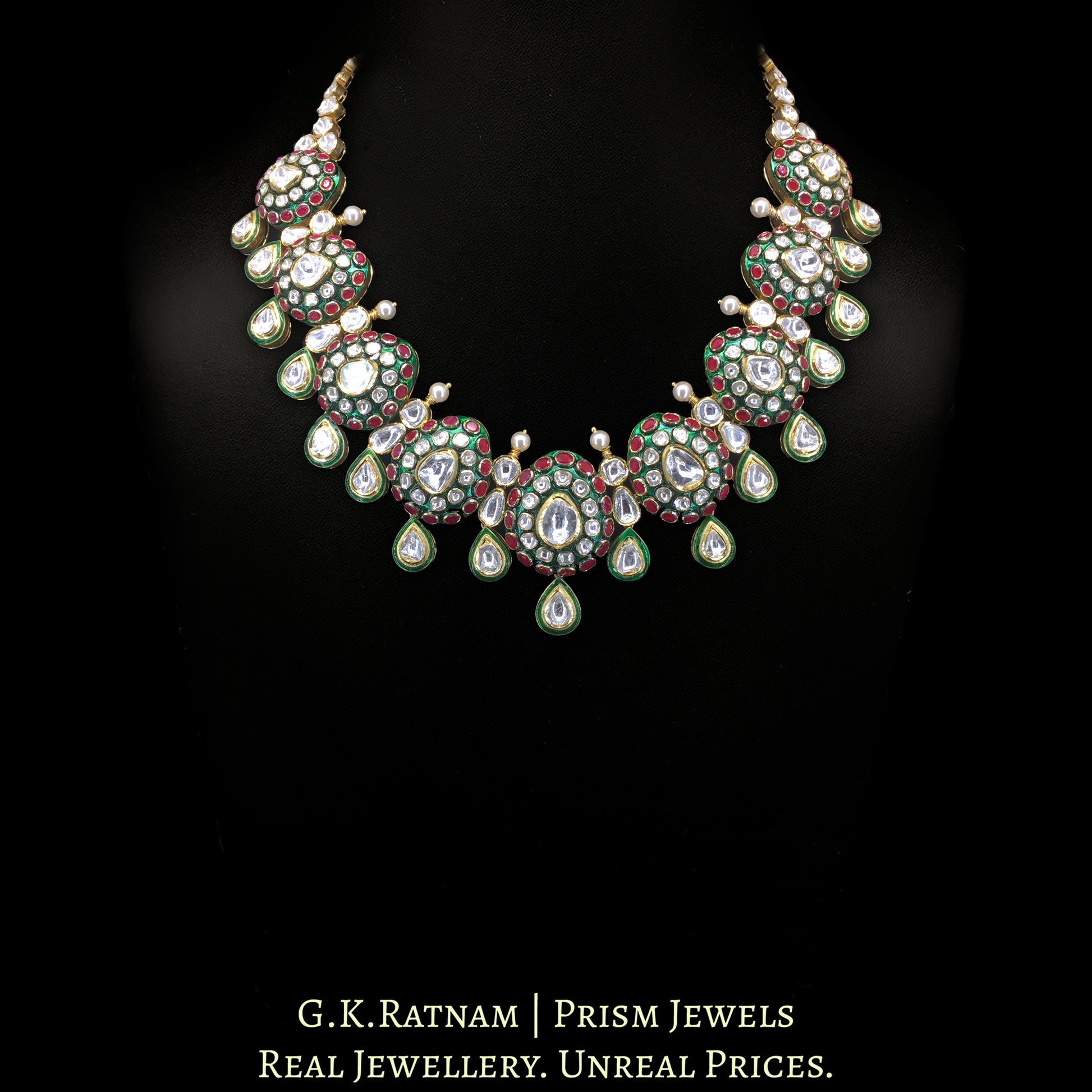 18K Gold And Diamond Polki Big 3 Line Necklace Set With Green Chudi - G. K. Ratnam