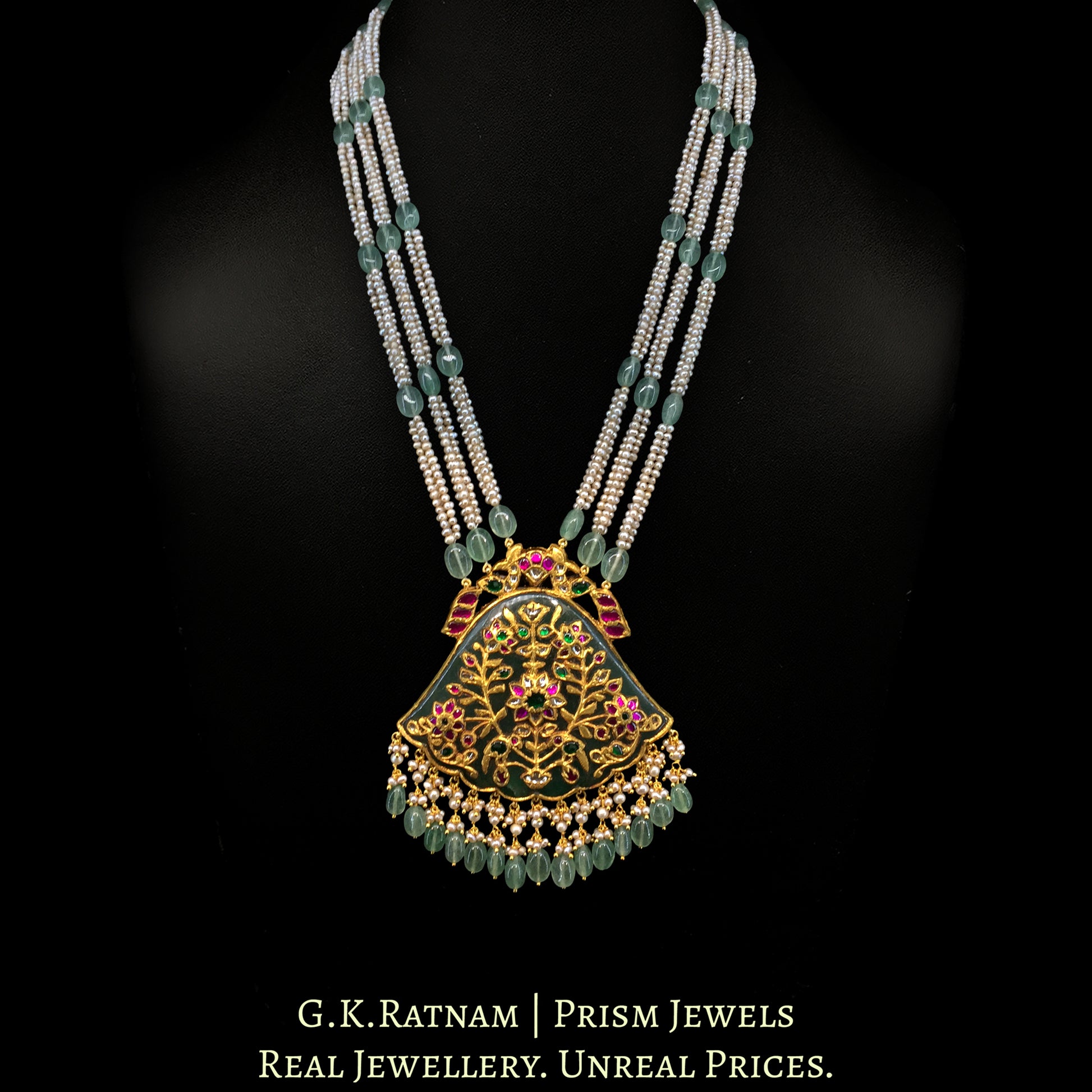 23K Gold And Diamond Polki Pendant With Antique Pearls And Strawberry Quartz - G. K. Ratnam