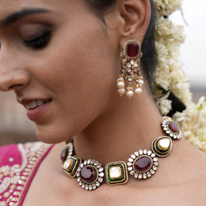 14k Gold and Diamond Polki Open Setting multi-purpose detachable Necklace in Victorian Finish