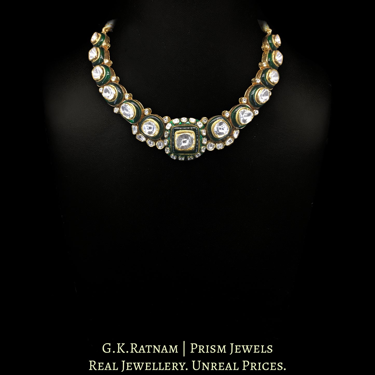 18K Gold And Diamond Polki Big 3 Line Necklace Set With Green Chudi - G. K. Ratnam