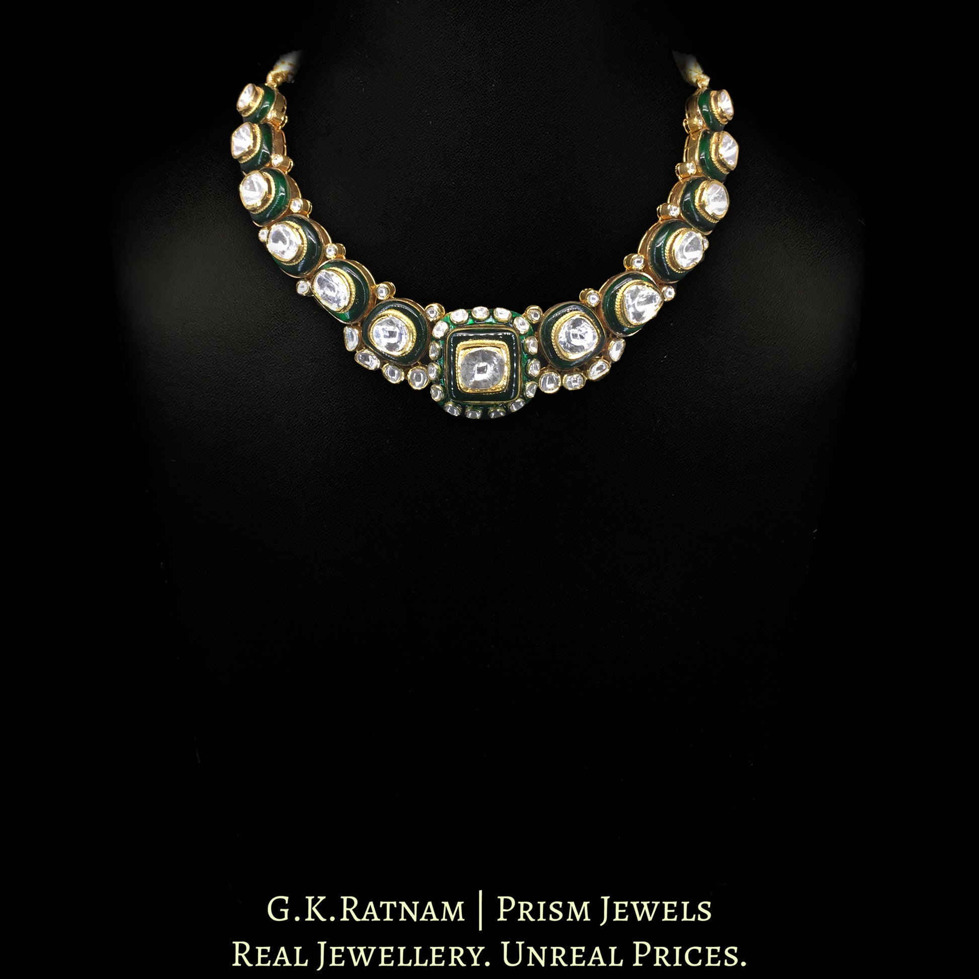 18K Gold And Diamond Polki Big 3 Line Necklace Set With Green Chudi - G. K. Ratnam
