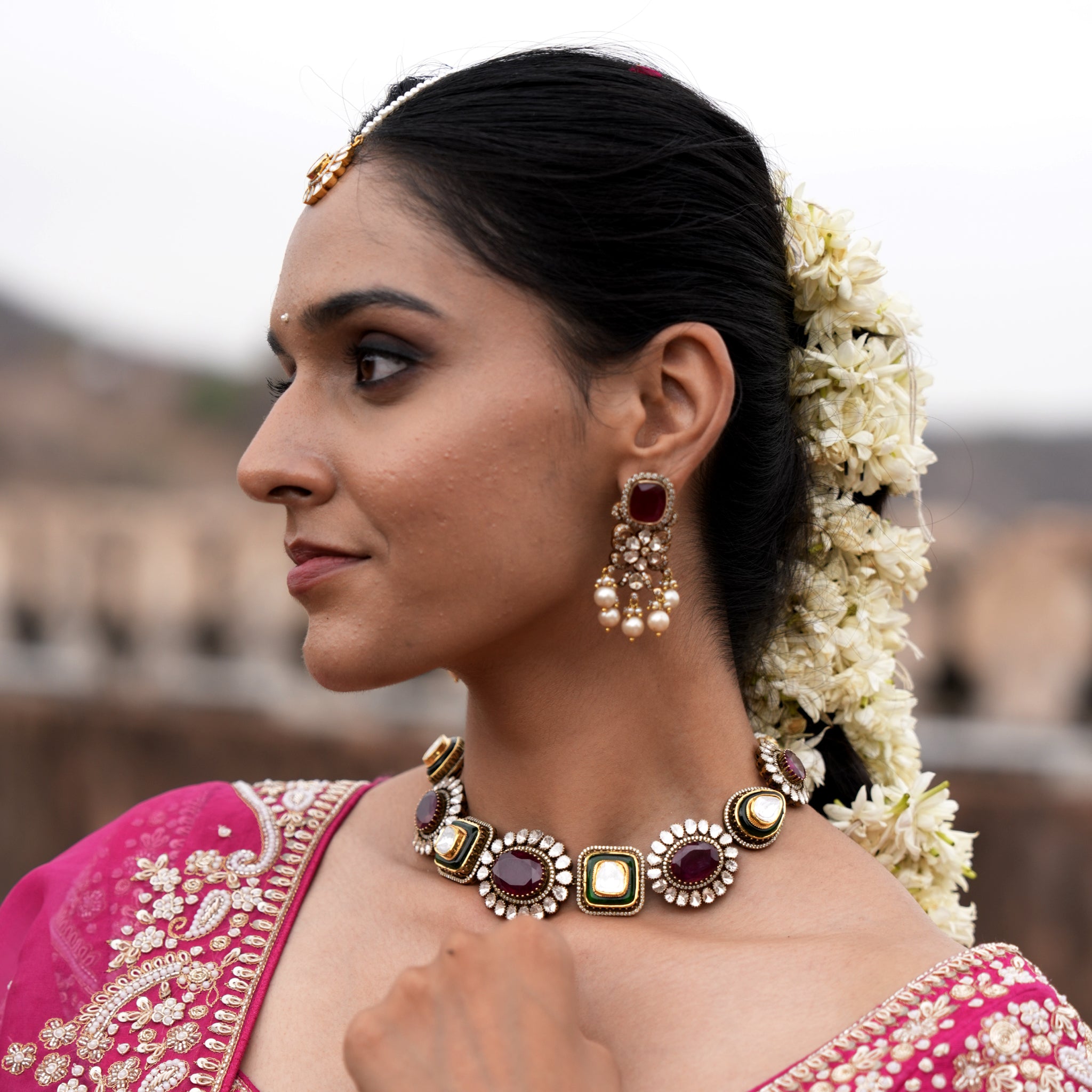 14k Gold and Diamond Polki Open Setting multi-purpose detachable Necklace in Victorian Finish