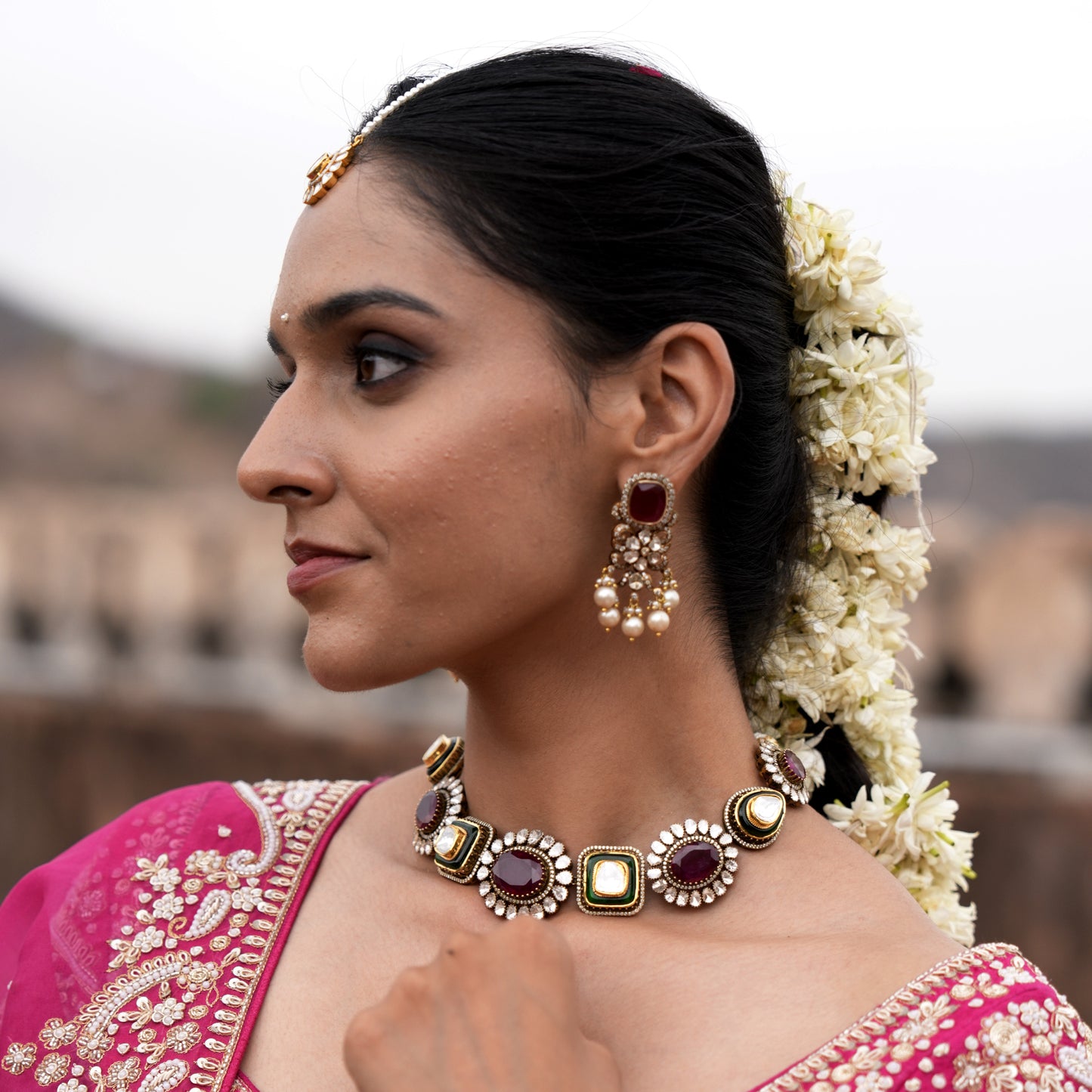 14k Gold and Diamond Polki Open Setting multi-purpose detachable Necklace in Victorian Finish