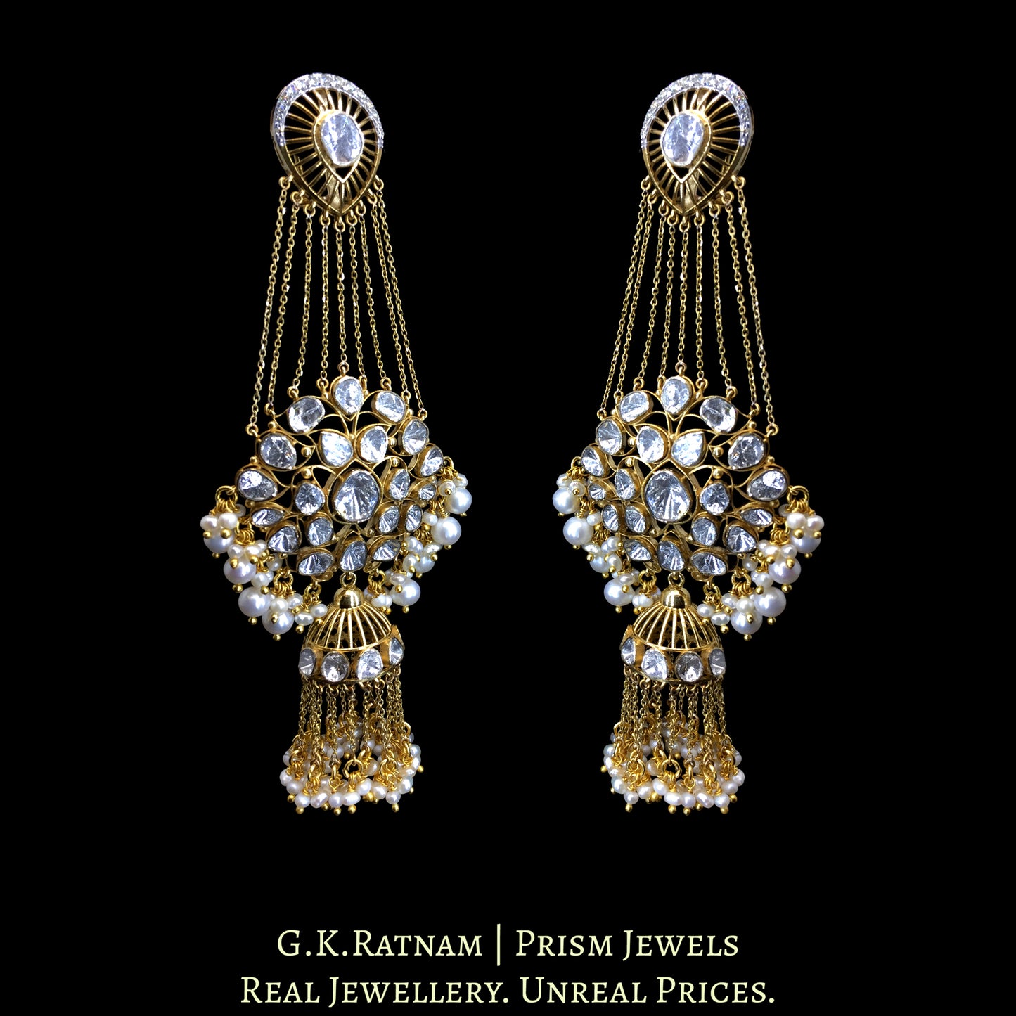 14K Gold And Diamond Polki Long Earrings With Small Jhumki - G. K. Ratnam