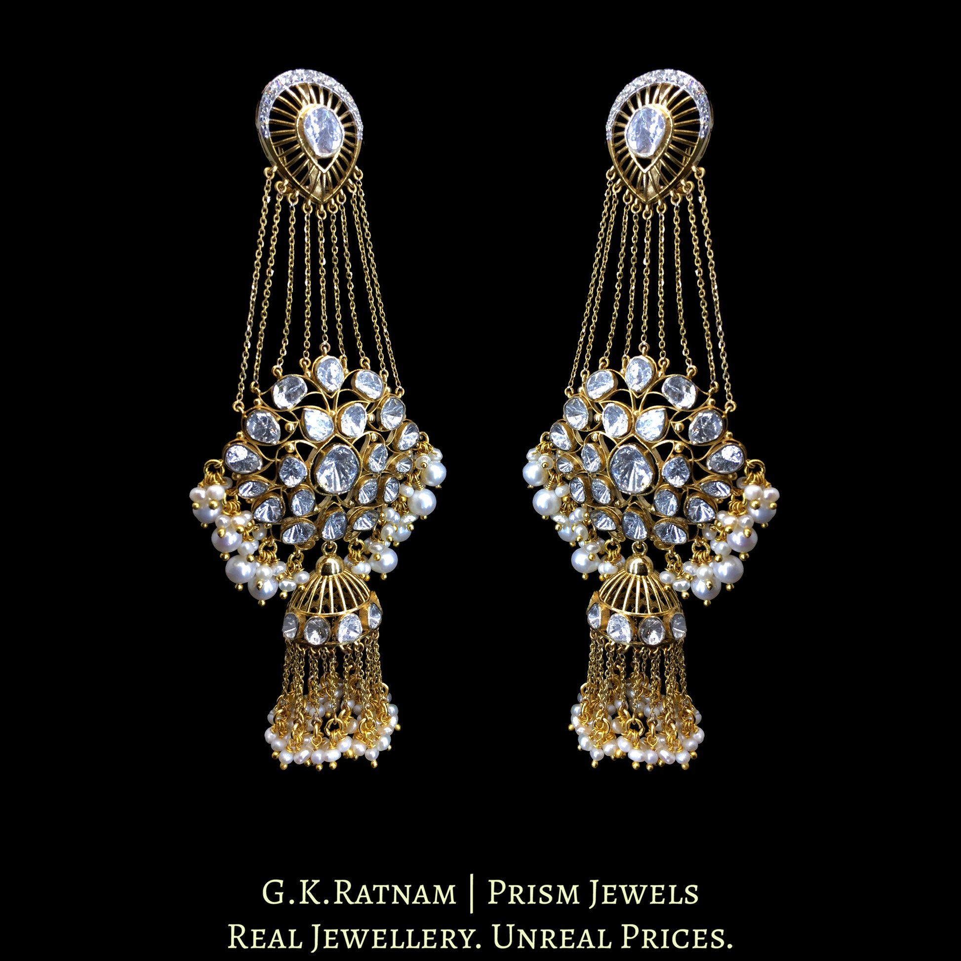 14K Gold And Diamond Polki Long Earrings With Small Jhumki - G. K. Ratnam