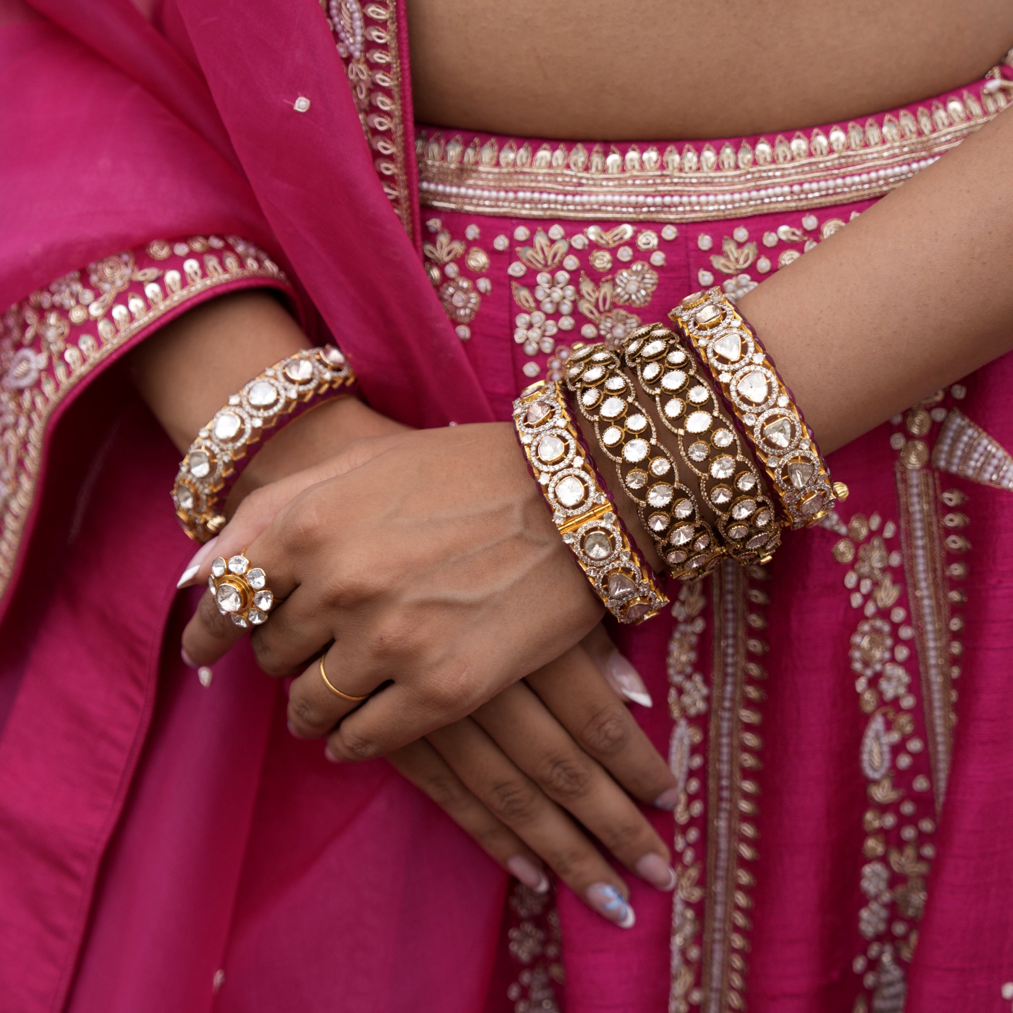 18k Gold and Diamond Polki Open Setting Bangle Pair