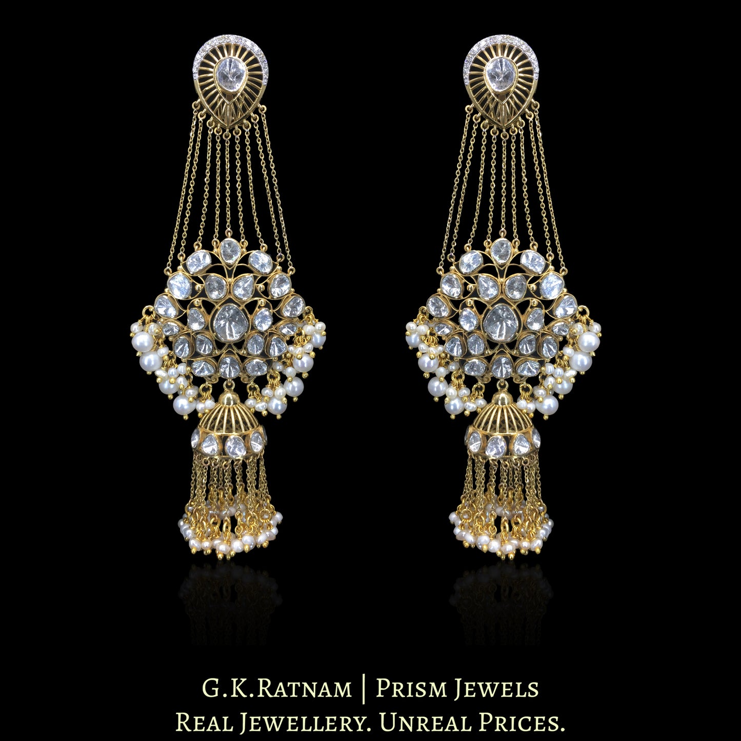 14K Gold And Diamond Polki Long Earrings With Small Jhumki - G. K. Ratnam