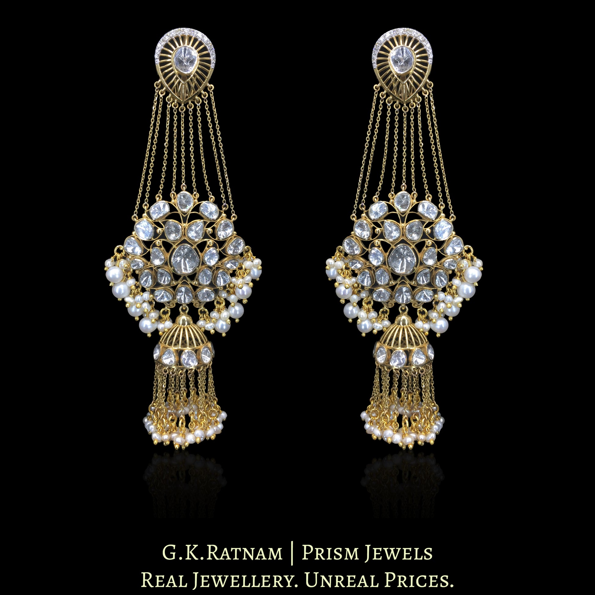 14K Gold And Diamond Polki Long Earrings With Small Jhumki - G. K. Ratnam