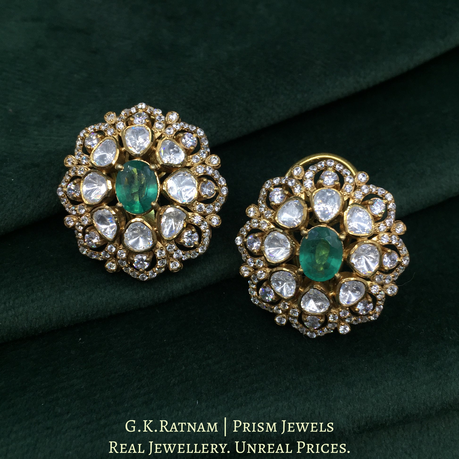 925 Silver And Moissanite Polki Karnfool Earrings With Labgrown Emerald - G. K. Ratnam
