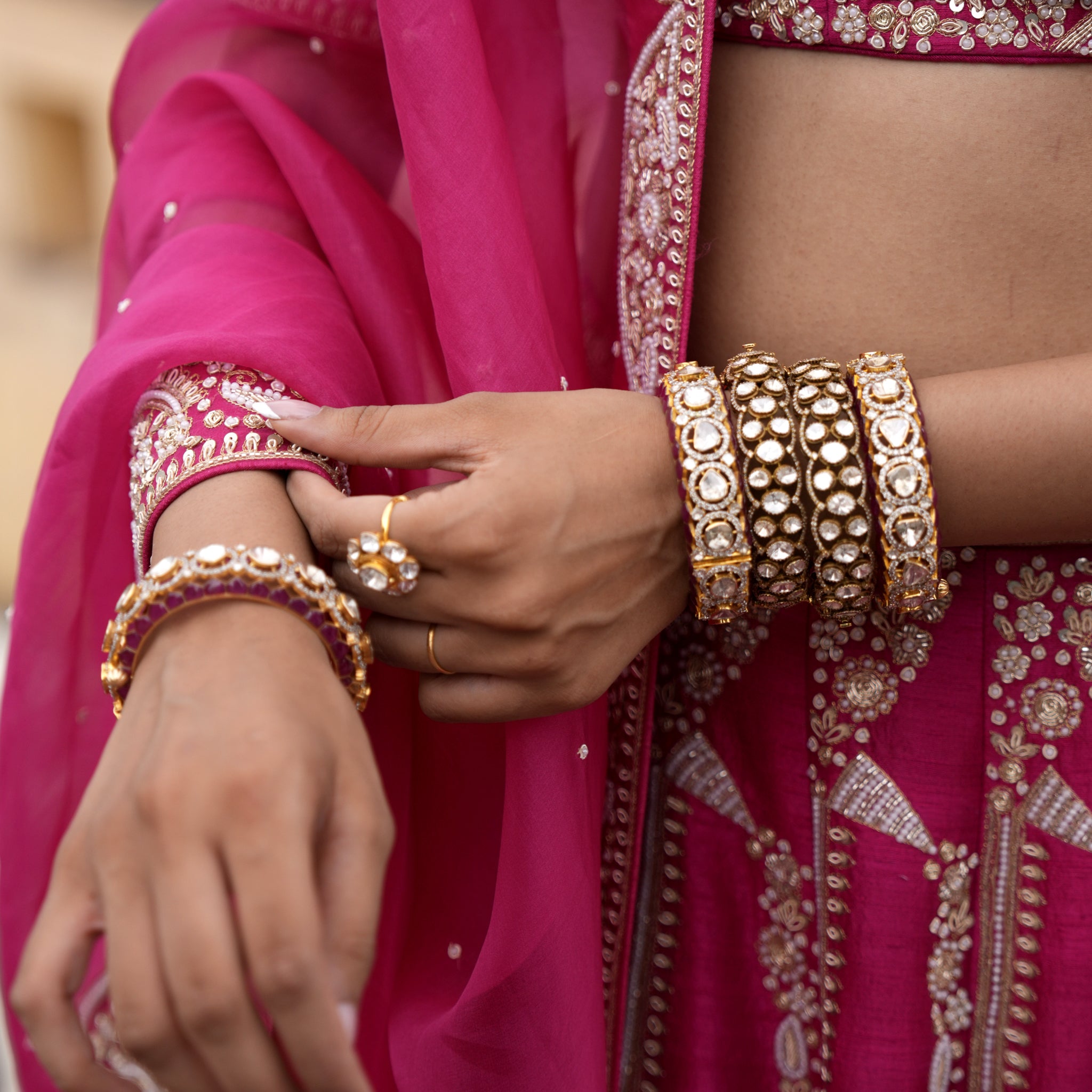 18k Gold and Diamond Polki Open Setting Bangle Pair