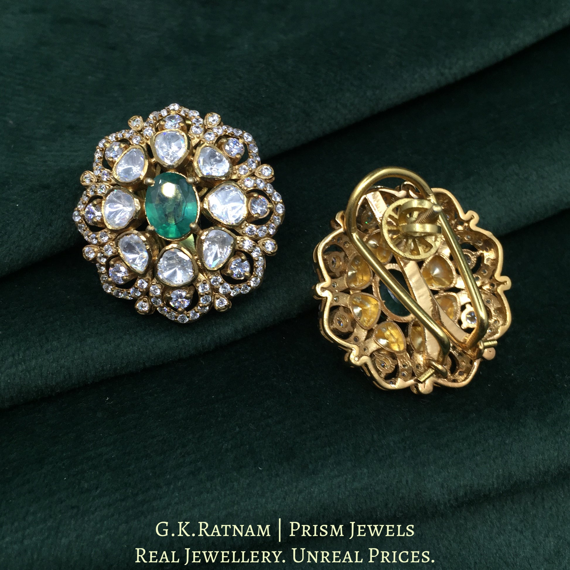 925 Silver And Moissanite Polki Karnfool Earrings With Labgrown Emerald - G. K. Ratnam