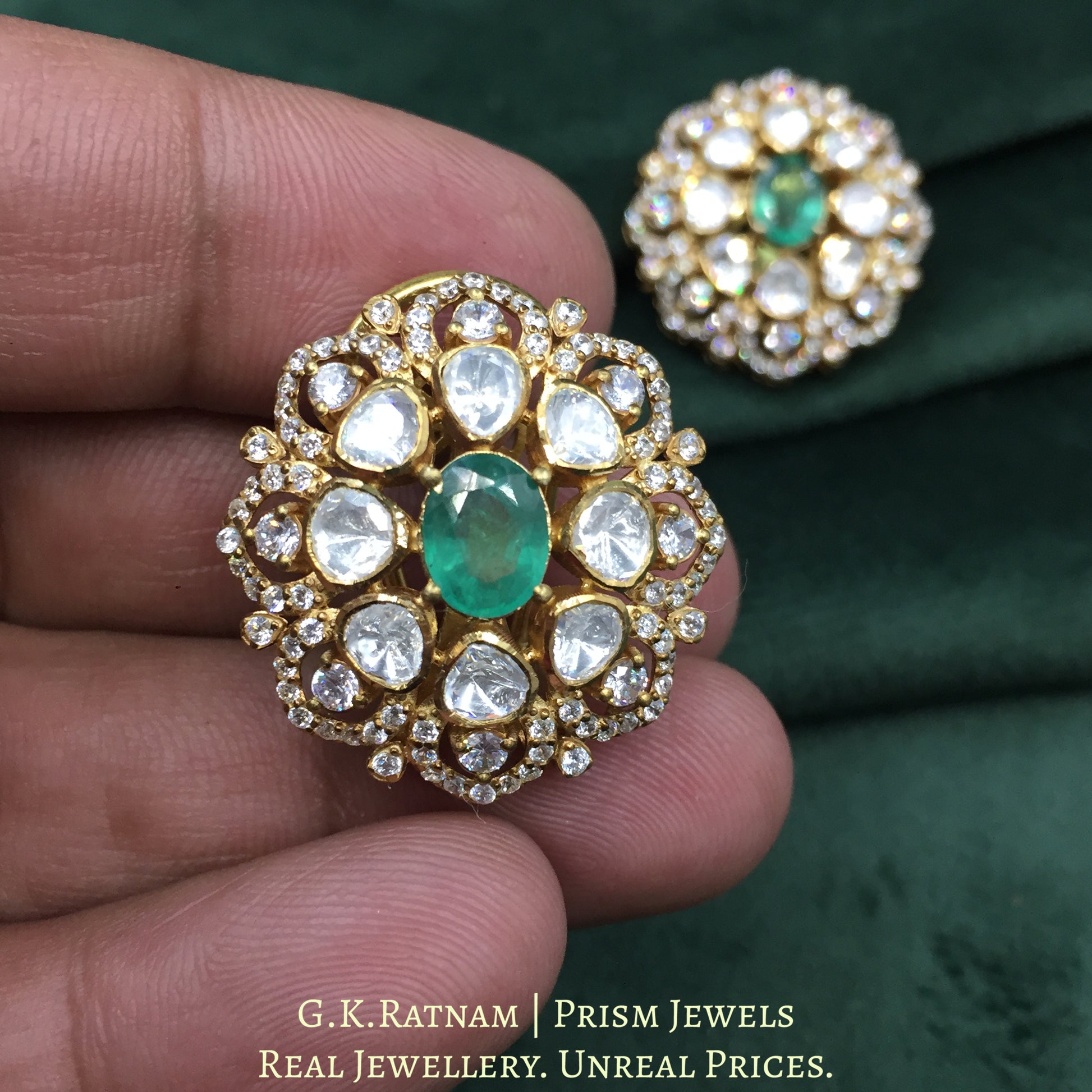 925 Silver And Moissanite Polki Karnfool Earrings With Labgrown Emerald - G. K. Ratnam