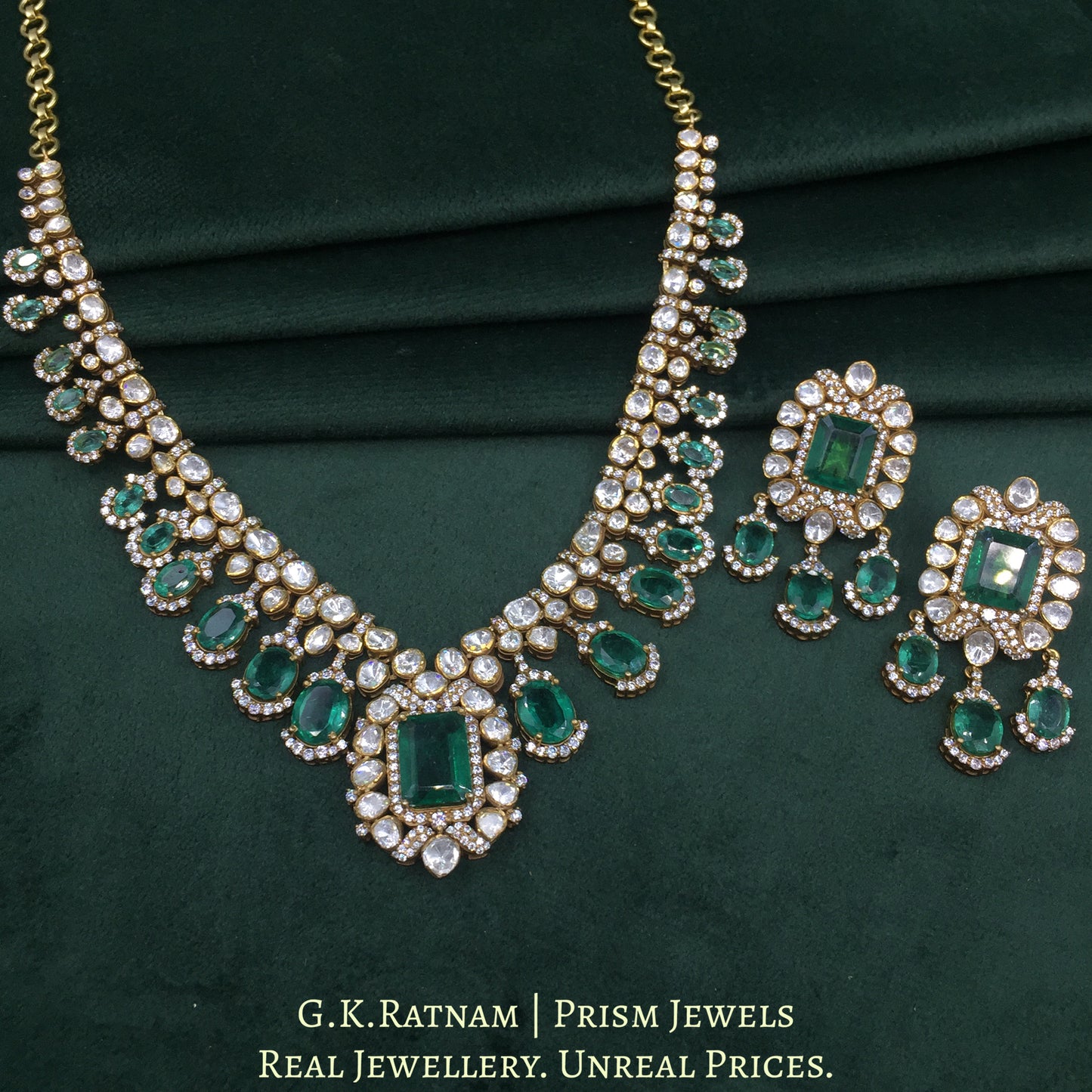 925 Silver And Moissanite Polki Necklace Set With Lab Grown Emeralds - G. K. Ratnam