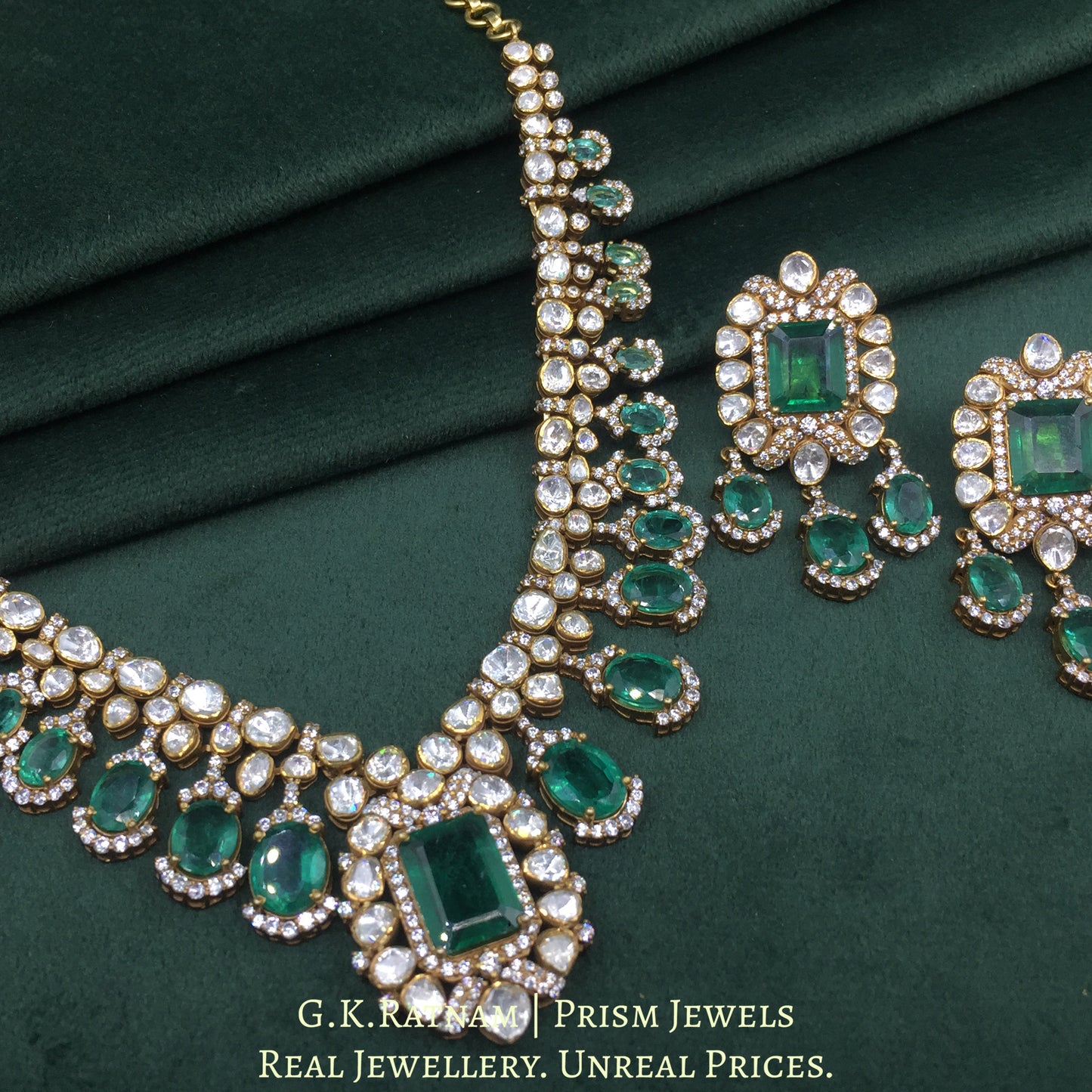 925 Silver And Moissanite Polki Necklace Set With Lab Grown Emeralds - G. K. Ratnam