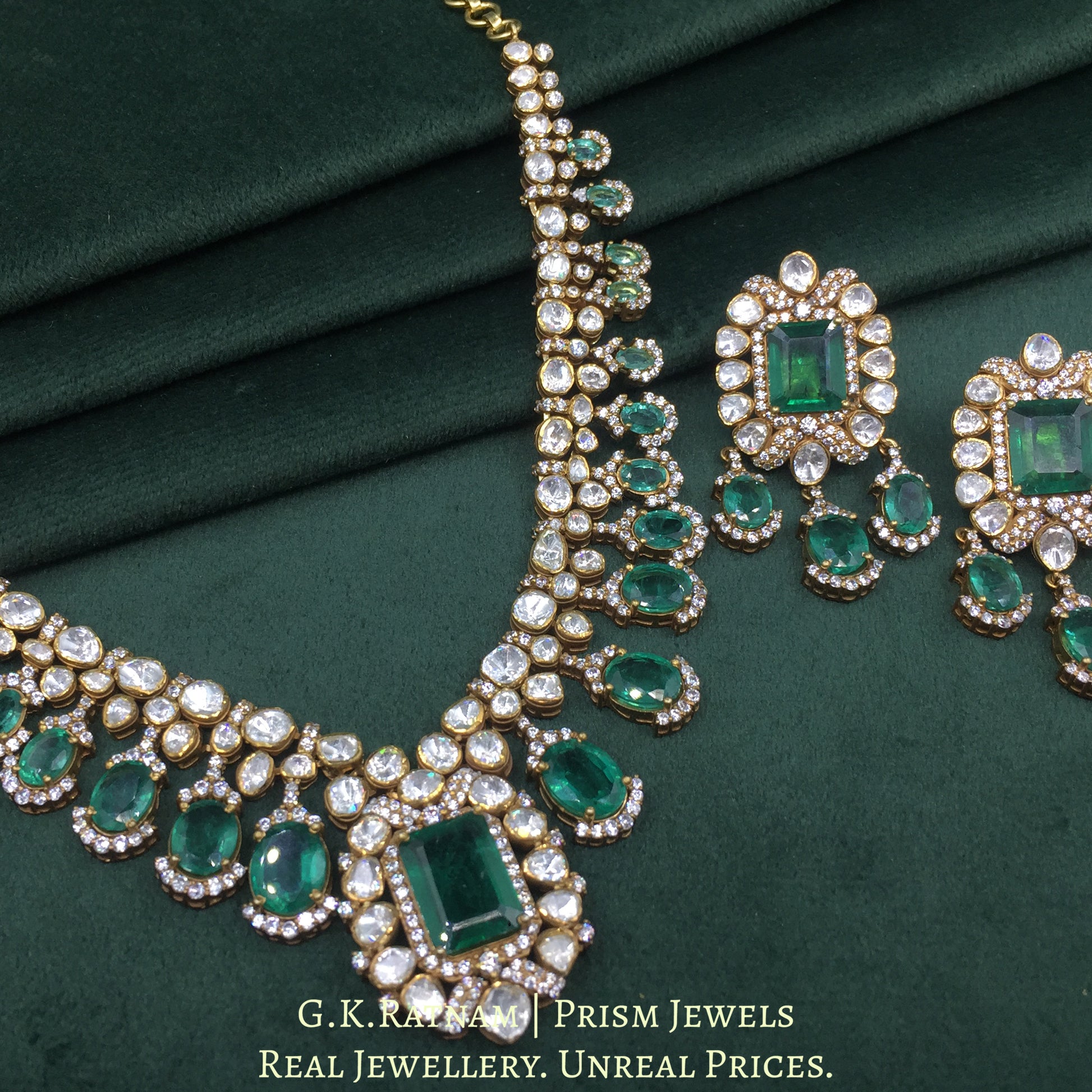 925 Silver And Moissanite Polki Necklace Set With Lab Grown Emeralds - G. K. Ratnam