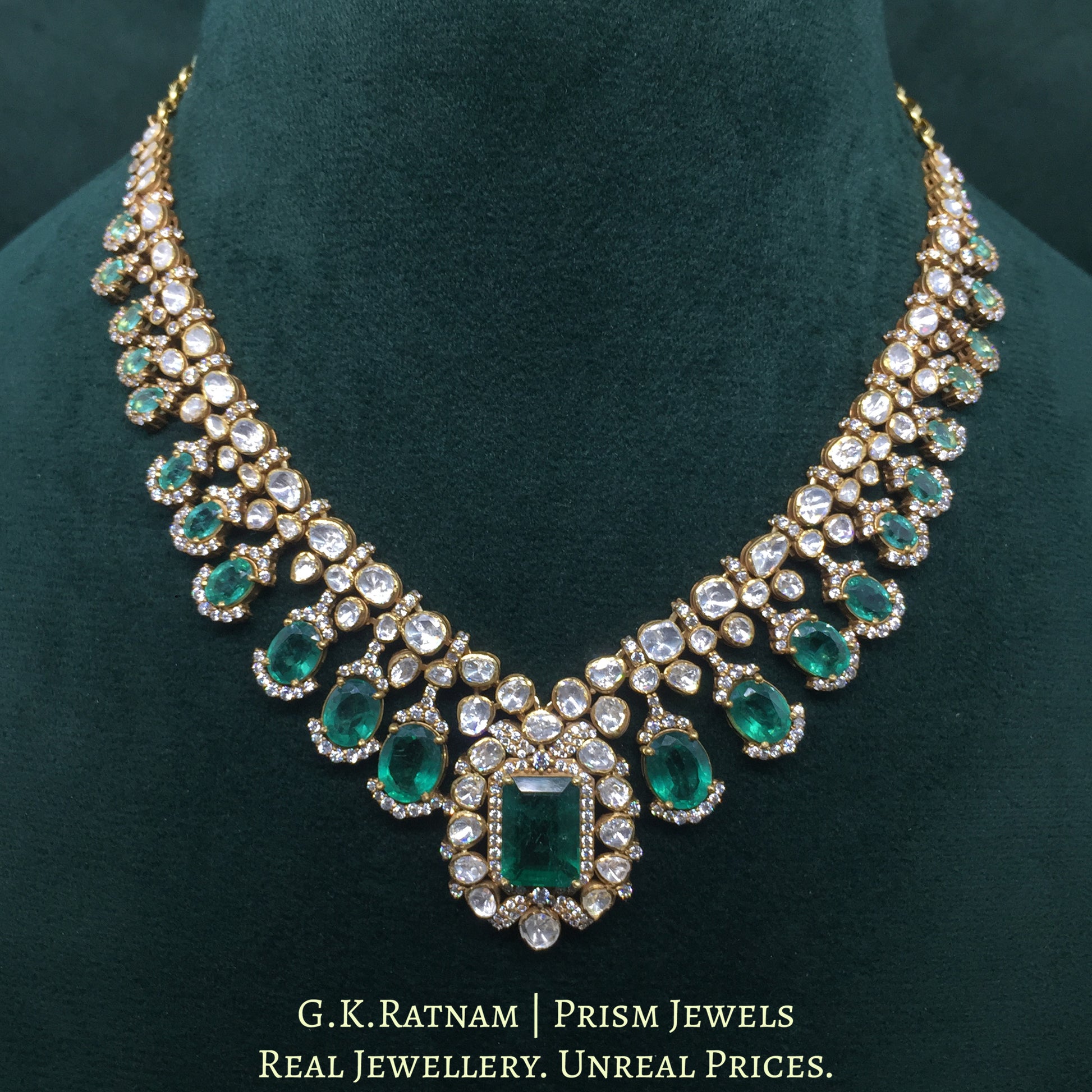 925 Silver And Moissanite Polki Necklace Set With Lab Grown Emeralds - G. K. Ratnam