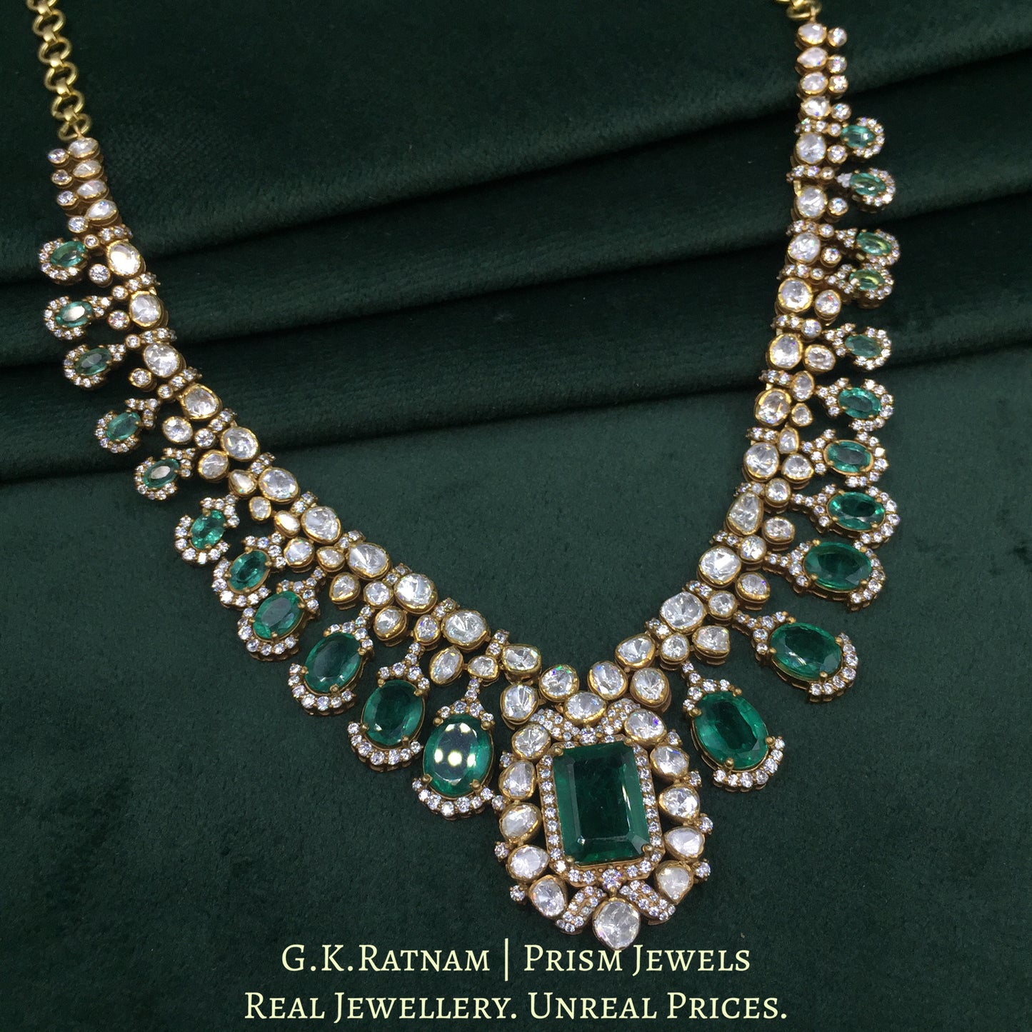 925 Silver And Moissanite Polki Necklace Set With Lab Grown Emeralds - G. K. Ratnam