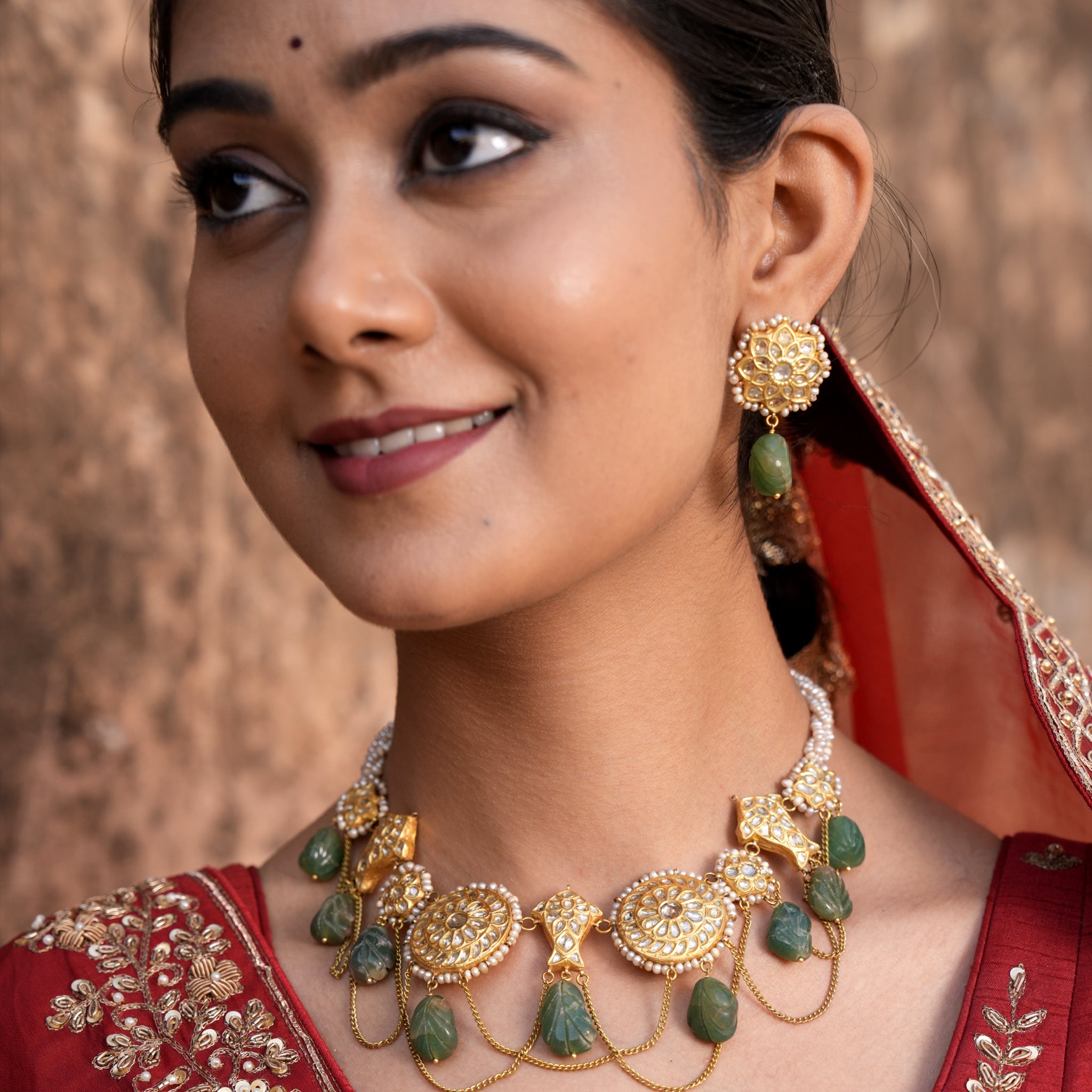 23k Gold and Diamond Polki Necklace Set with Chains and hand-carved Strawberry Quartz