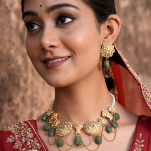 23k Gold and Diamond Polki Necklace Set with Chains and hand-carved Strawberry Quartz