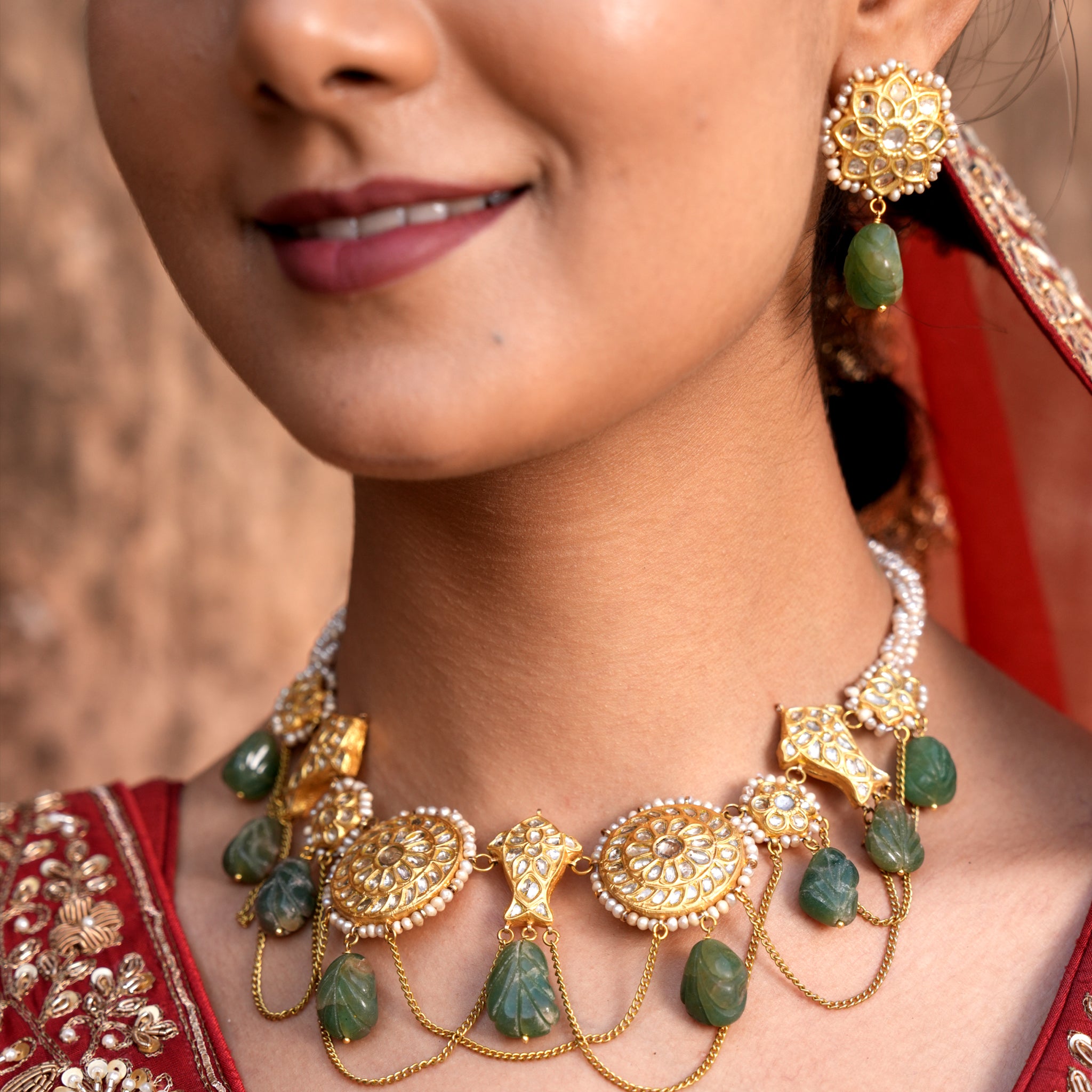 23k Gold and Diamond Polki Necklace Set with Chains and hand-carved Strawberry Quartz