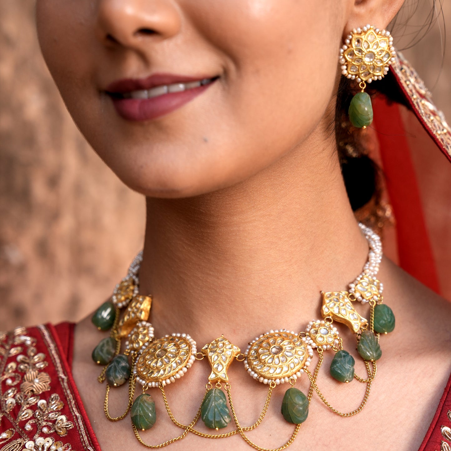 23k Gold and Diamond Polki Necklace Set with Chains and hand-carved Strawberry Quartz