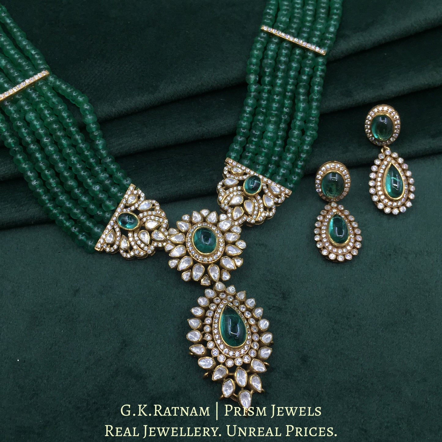 925 Silver And Moissanite Polki Pendant Set With Lab Grown Emeralds And Strawberry Quartz - G. K. Ratnam