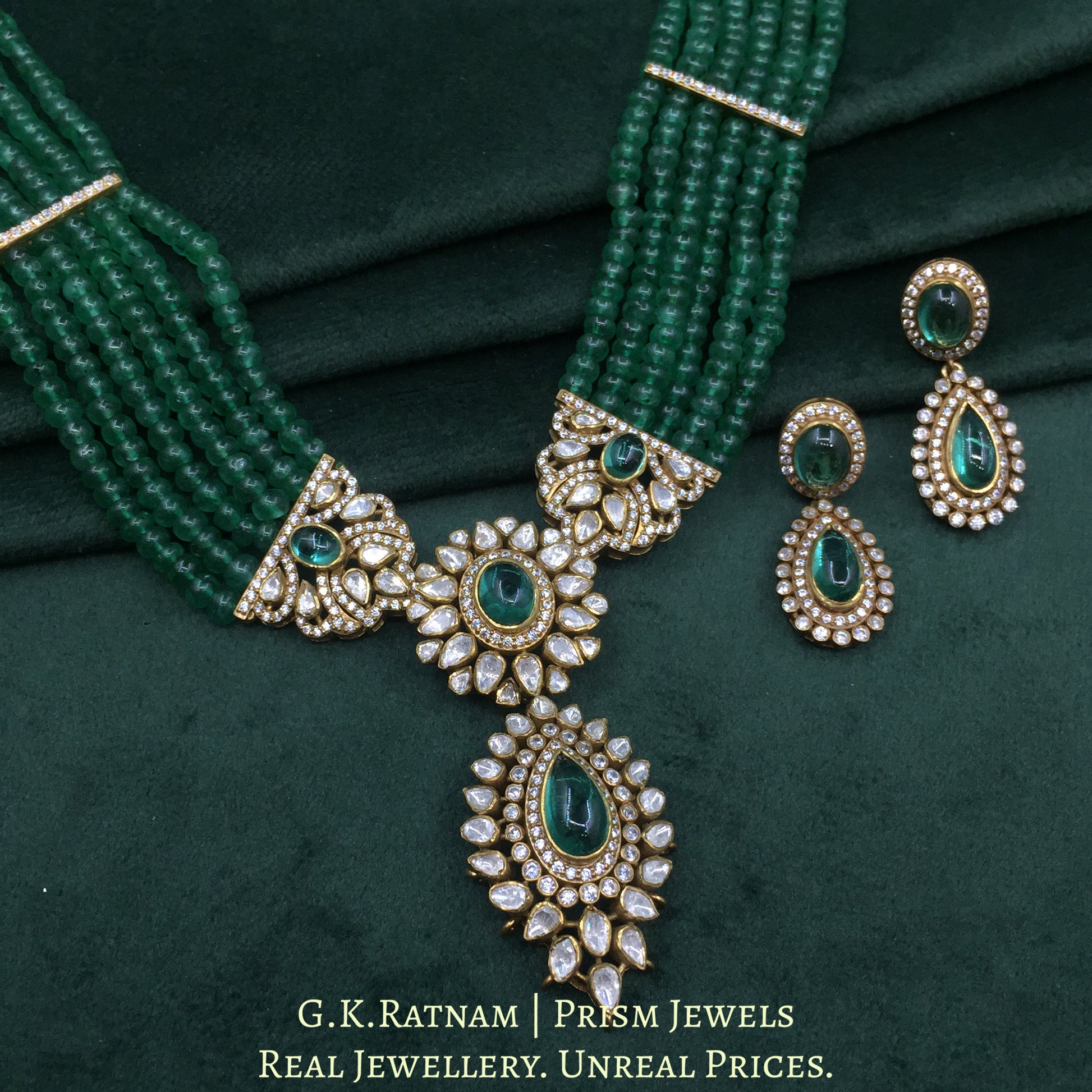 925 Silver And Moissanite Polki Pendant Set With Lab Grown Emeralds And Strawberry Quartz - G. K. Ratnam