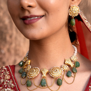 23k Gold and Diamond Polki Necklace Set with Chains and hand-carved Strawberry Quartz