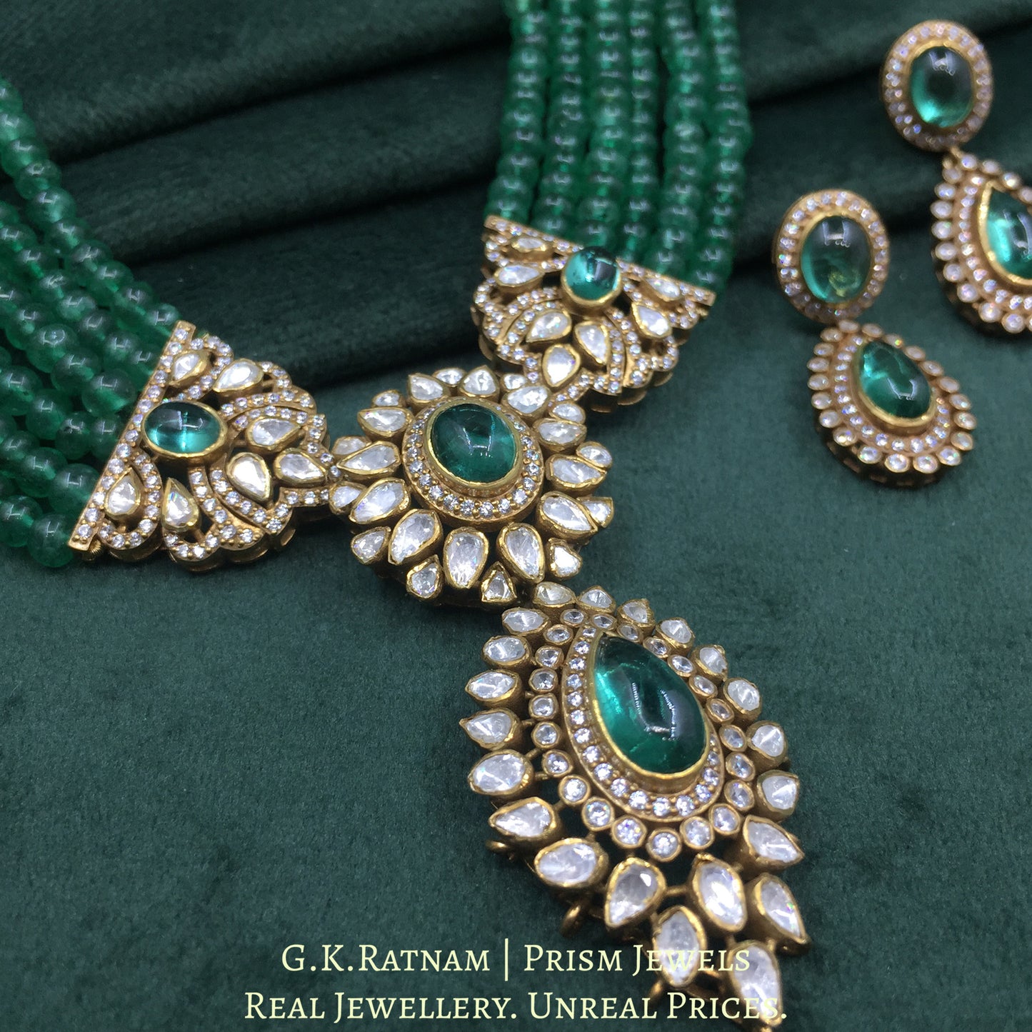 925 Silver And Moissanite Polki Pendant Set With Lab Grown Emeralds And Strawberry Quartz - G. K. Ratnam