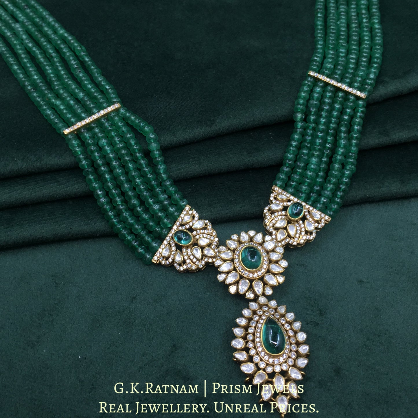 925 Silver And Moissanite Polki Pendant Set With Lab Grown Emeralds And Strawberry Quartz - G. K. Ratnam