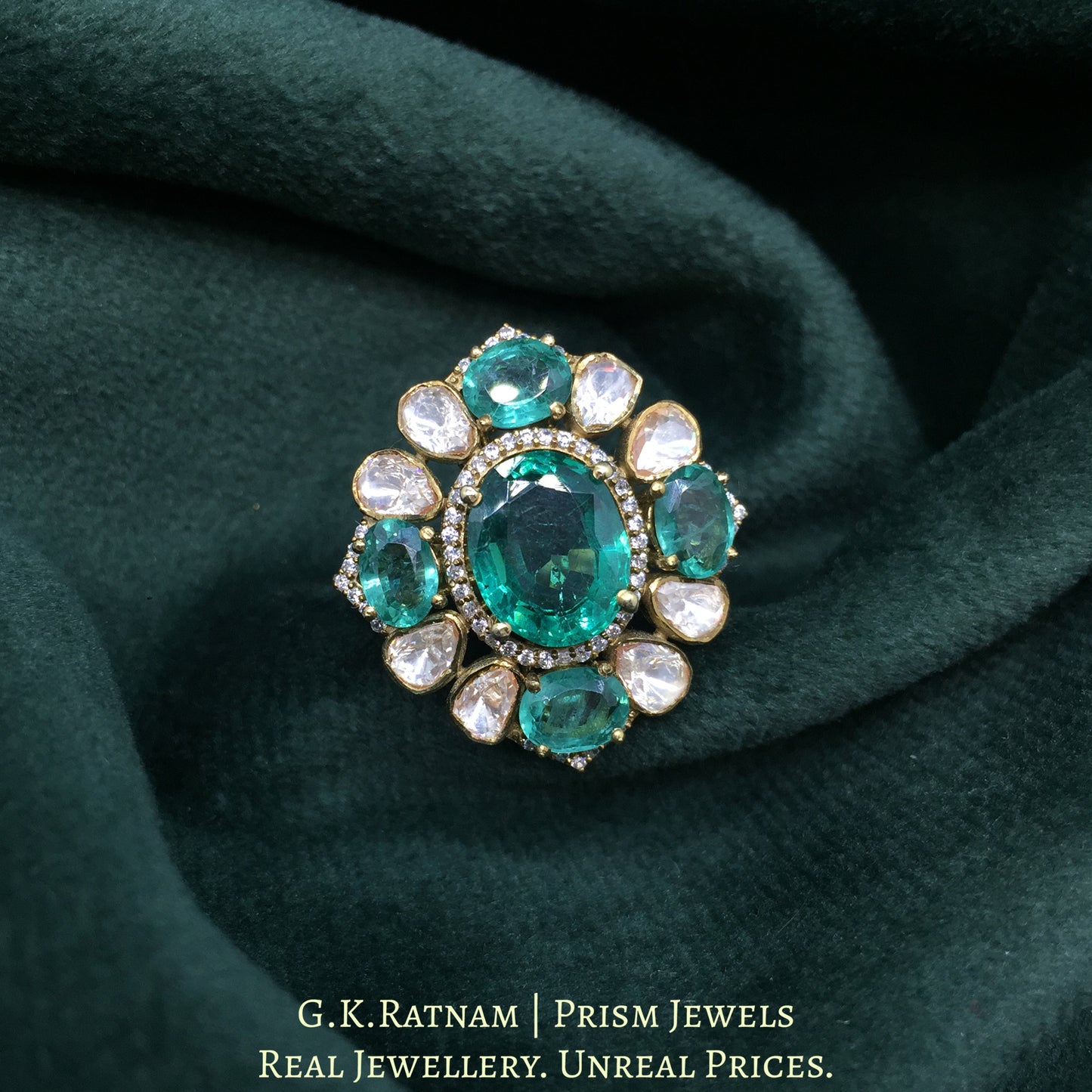 925 Silver And Moissanite Polki Ring With Lab Grown Emerald - G. K. Ratnam