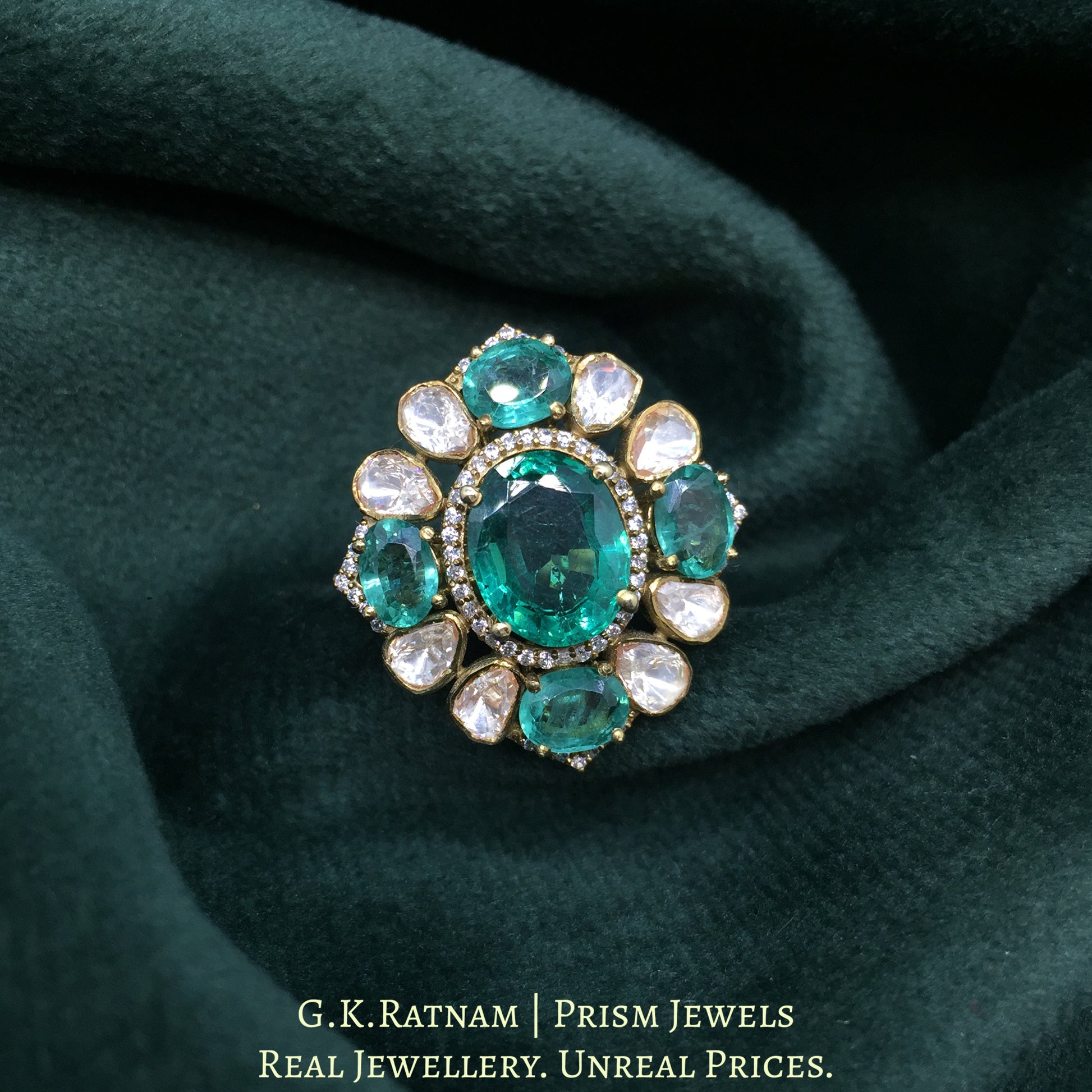 925 Silver And Moissanite Polki Ring With Lab Grown Emerald - G. K. Ratnam