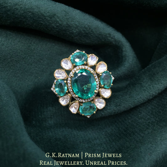 925 Silver And Moissanite Polki Ring With Lab Grown Emerald - G. K. Ratnam