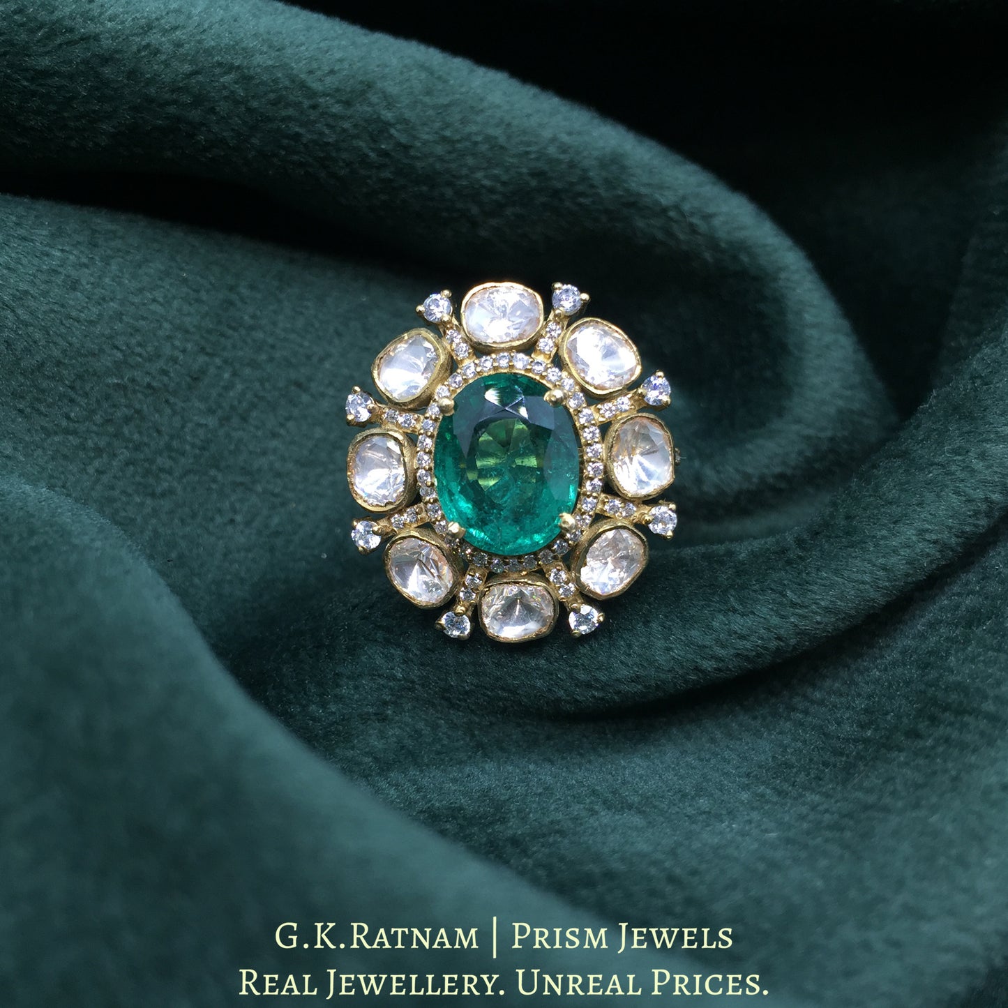 925 Silver And Moissanite Polki Ring With Lab-Grown Emerald - G. K. Ratnam