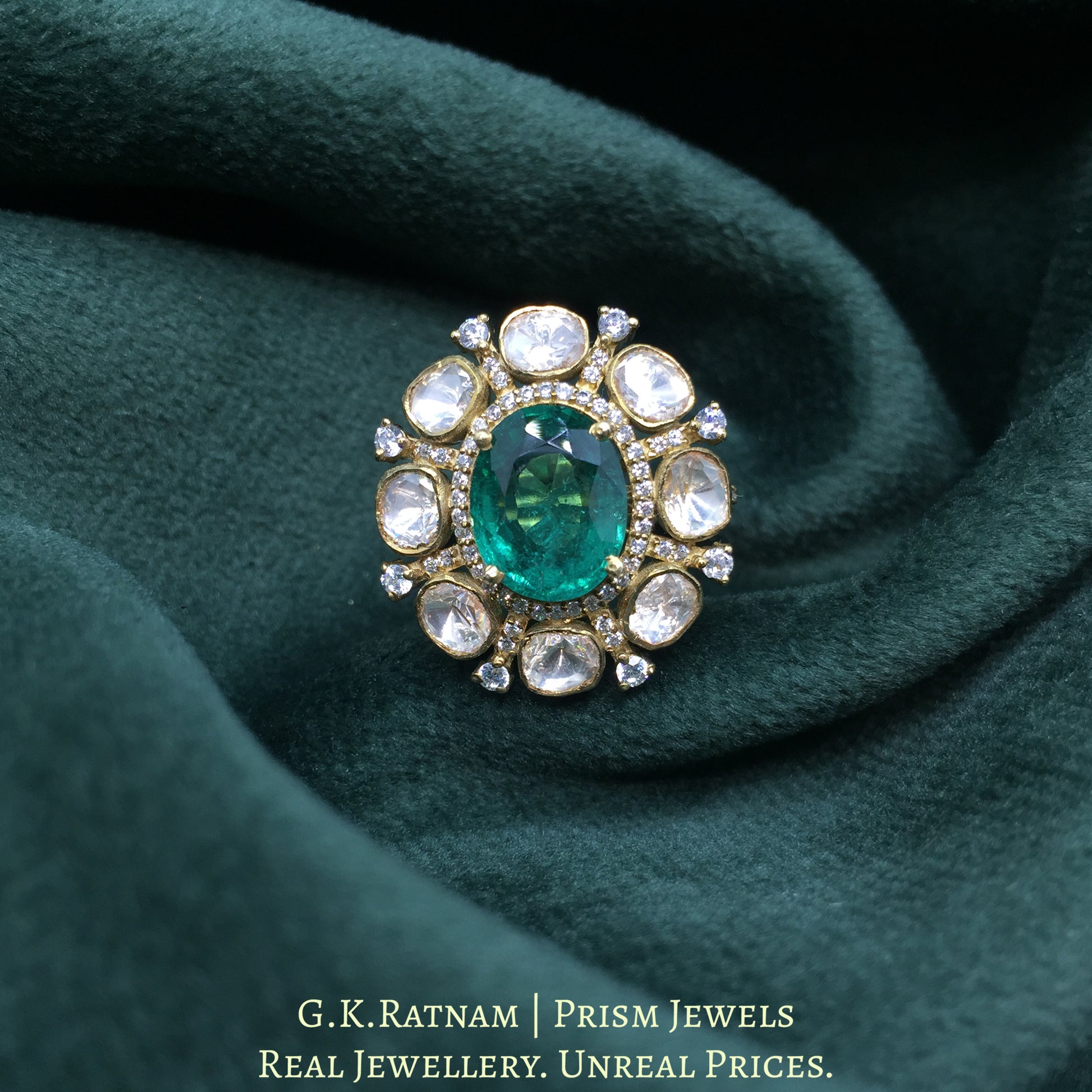 925 Silver And Moissanite Polki Ring With Lab-Grown Emerald - G. K. Ratnam