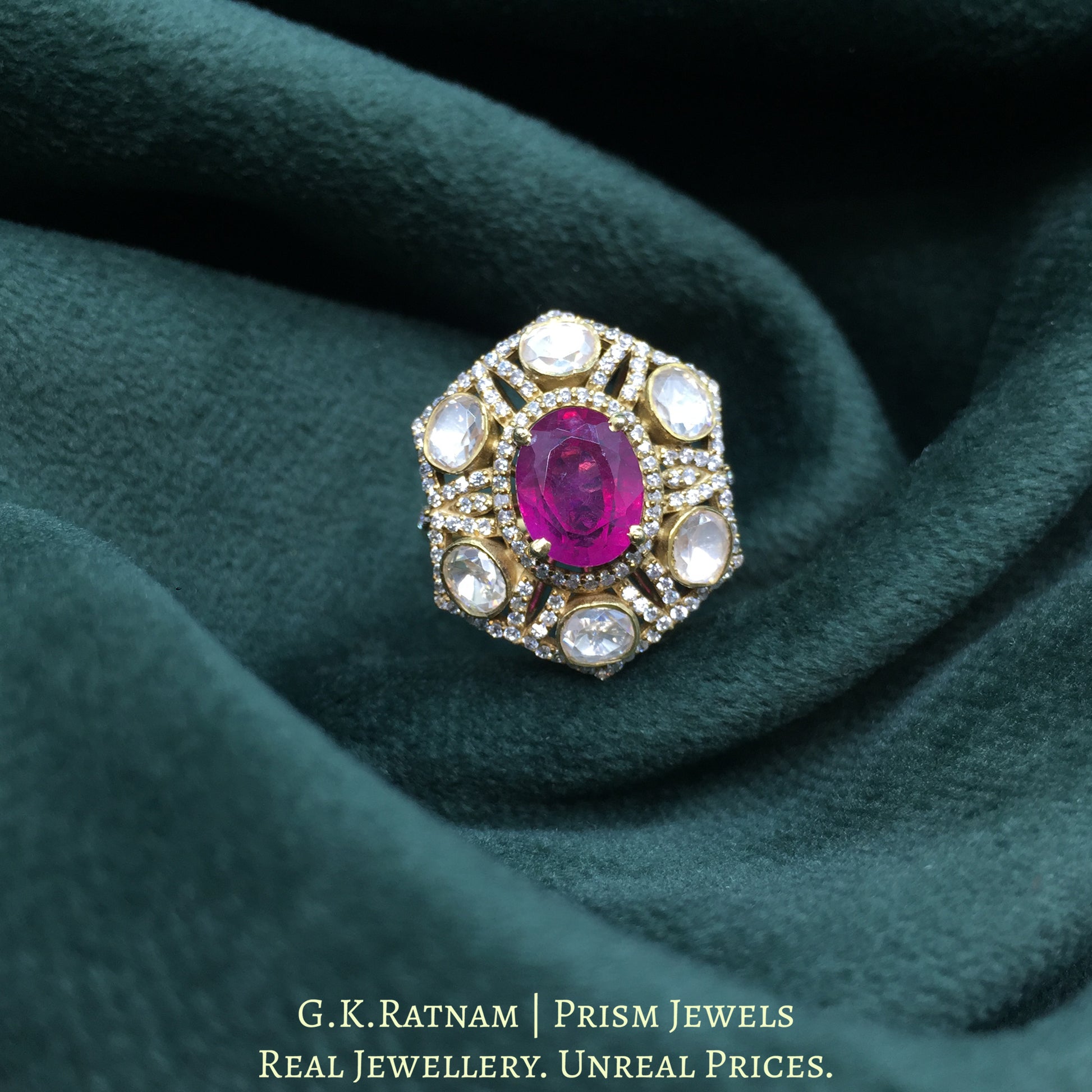 925 Silver And Moissanite Polki Ring With Lab-Grown Ruby - G. K. Ratnam