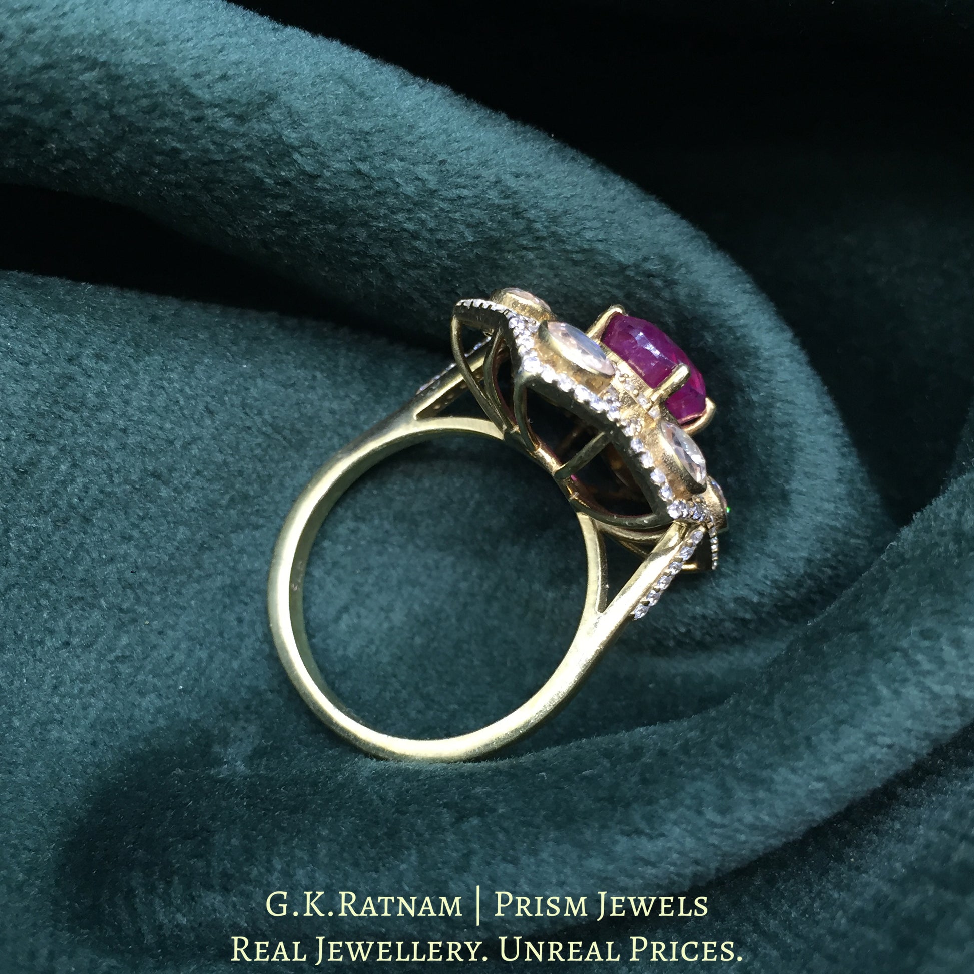 925 Silver And Moissanite Polki Ring With Lab-Grown Ruby - G. K. Ratnam
