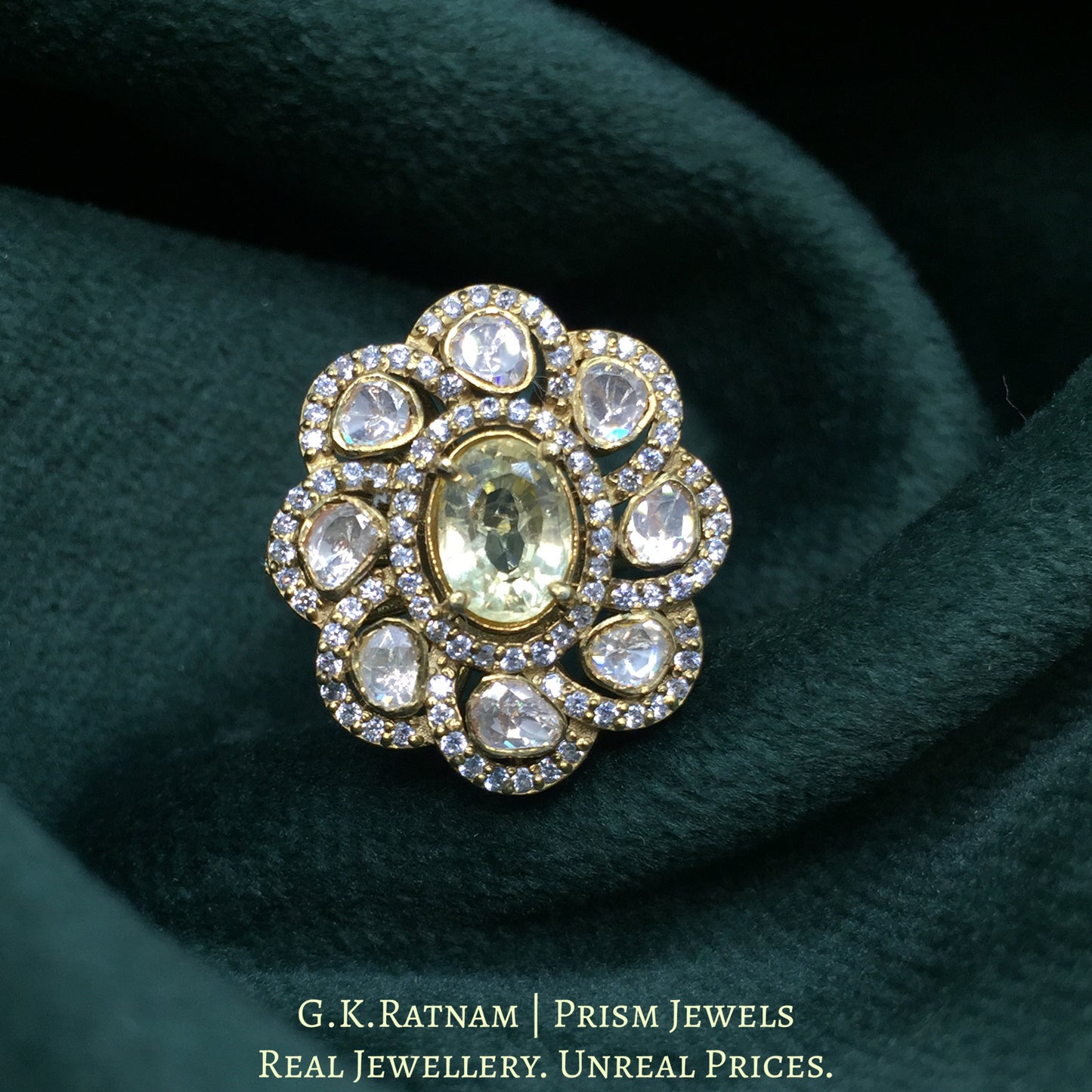 925 Silver Moissanite Polki Ring With Lab-Grown Yellow Sapphire - G. K. Ratnam