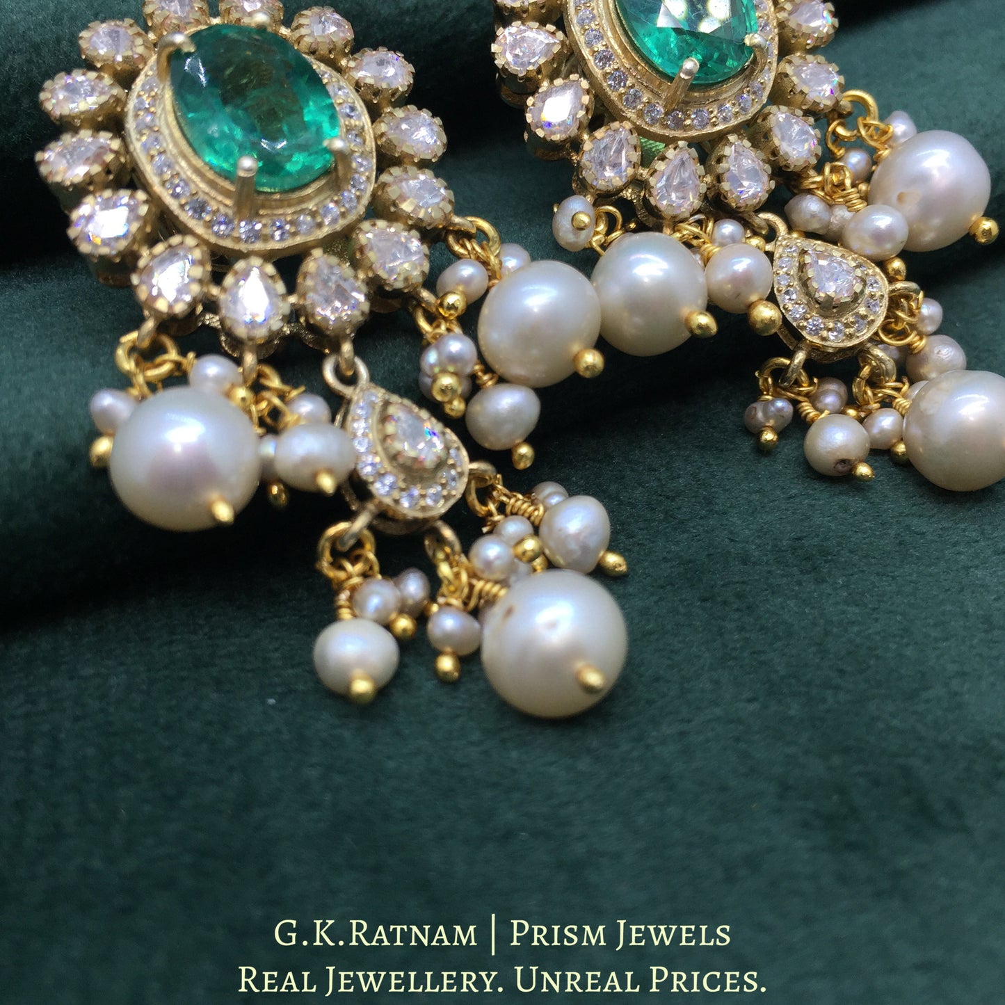925 Silver And Moissanite Polki Earrings With Lab-Grown Emerald - G. K. Ratnam