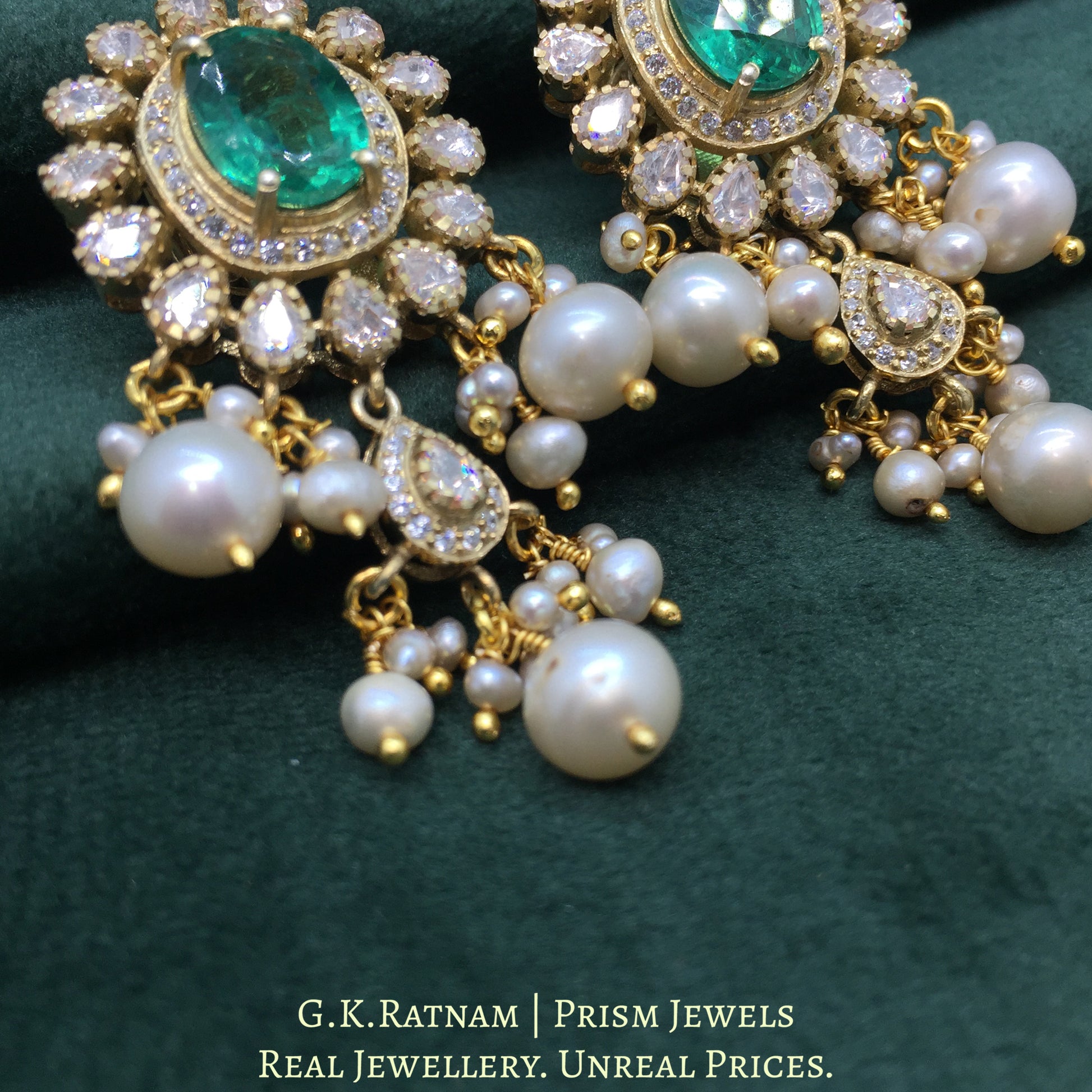 925 Silver And Moissanite Polki Earrings With Lab-Grown Emerald - G. K. Ratnam