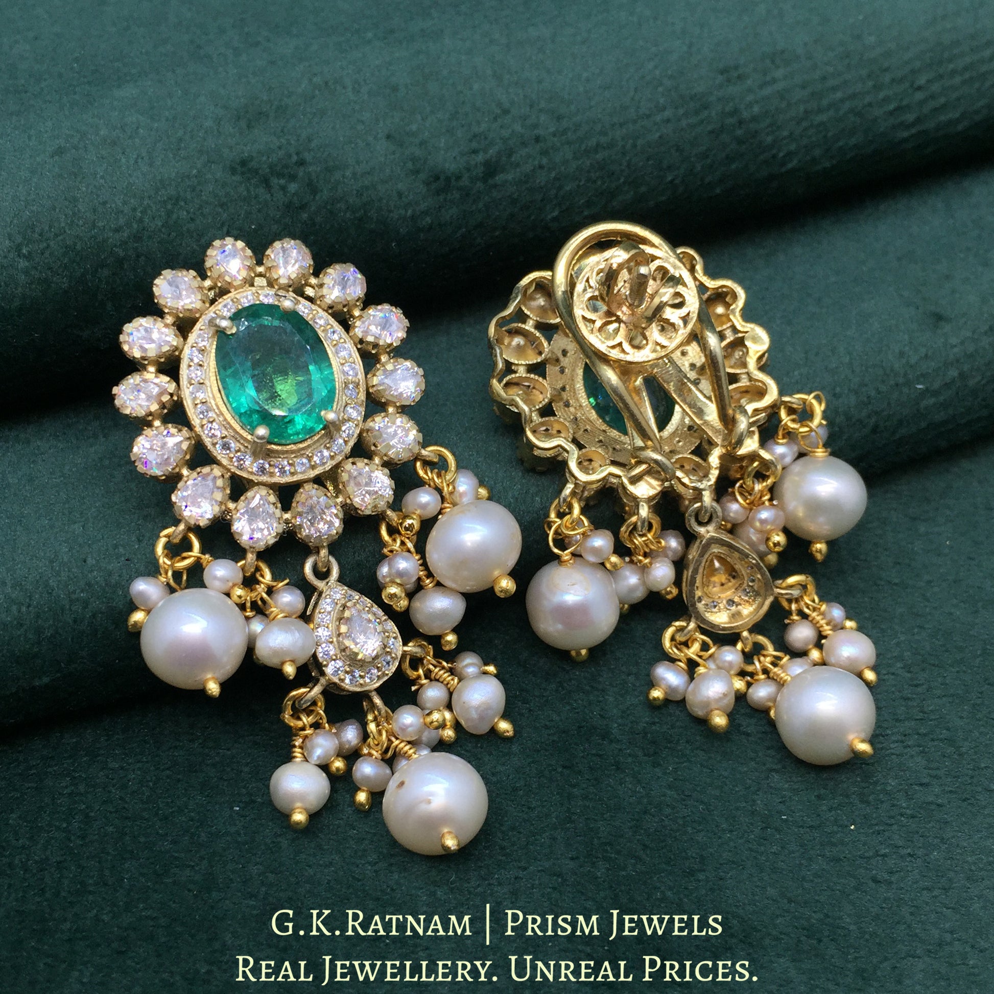 925 Silver And Moissanite Polki Earrings With Lab-Grown Emerald - G. K. Ratnam