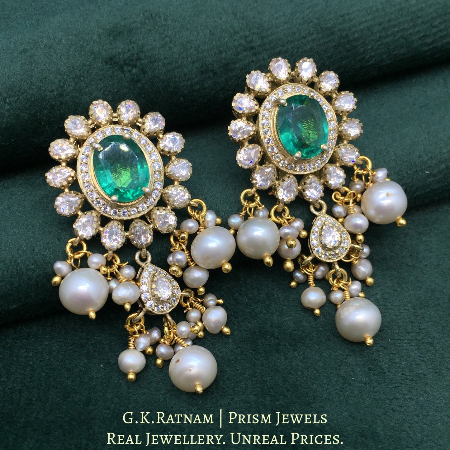 925 Silver And Moissanite Polki Earrings With Lab-Grown Emerald - G. K. Ratnam