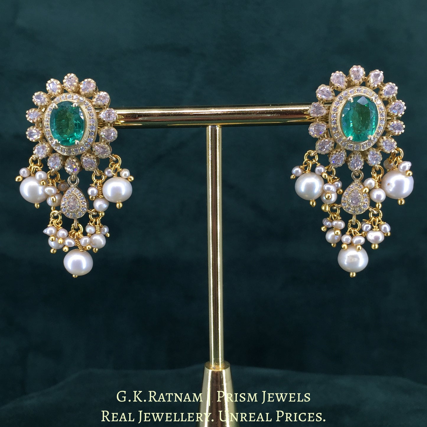 925 Silver And Moissanite Polki Earrings With Lab-Grown Emerald - G. K. Ratnam