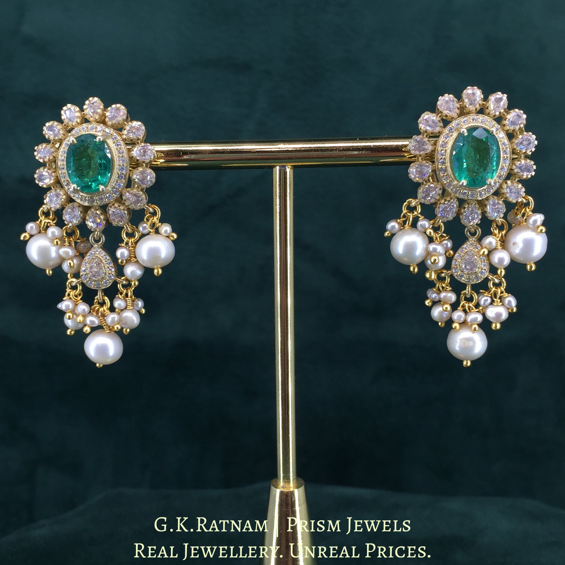 925 Silver And Moissanite Polki Earrings With Lab-Grown Emerald - G. K. Ratnam