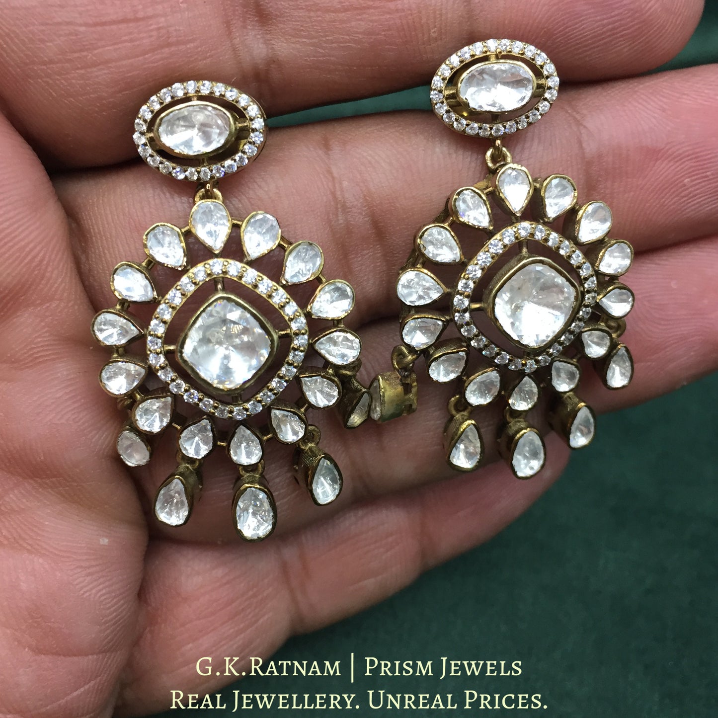 925 Silver And Moissanite Polki Long Earrings With Antique Finish - G. K. Ratnam